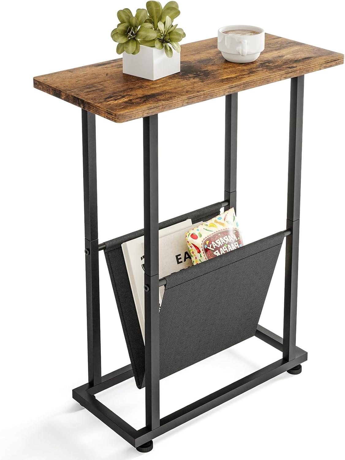 Narrow Side Table, Nightstand with Storage Shelf, Slim Magazine Table for Small Spaces, Narrow Side Snack Couch, End Table for living room, bedroom, hallway, Rustic Brown