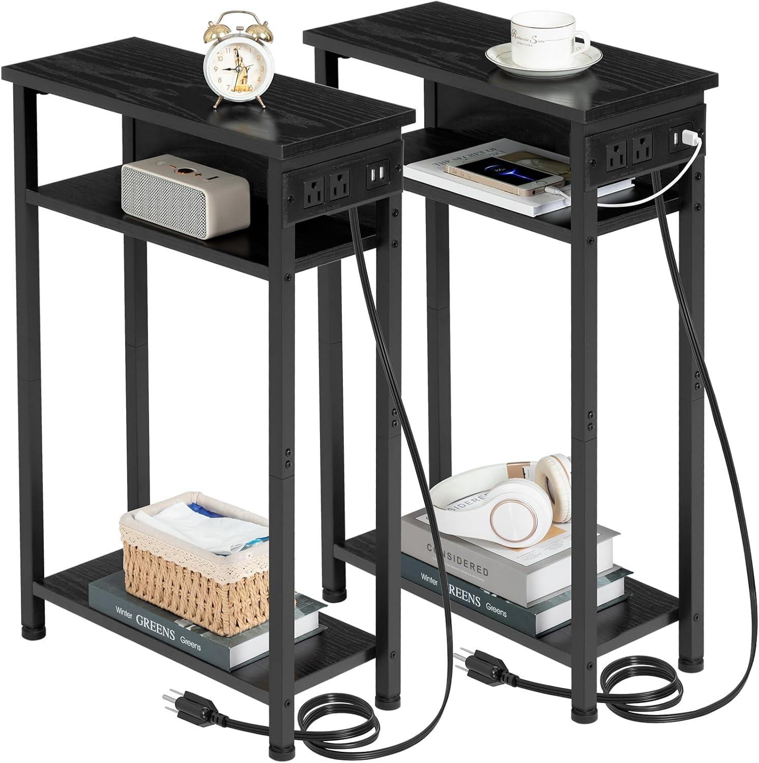 Black Wood Rectangular End Tables with Charging Station, Set of 2