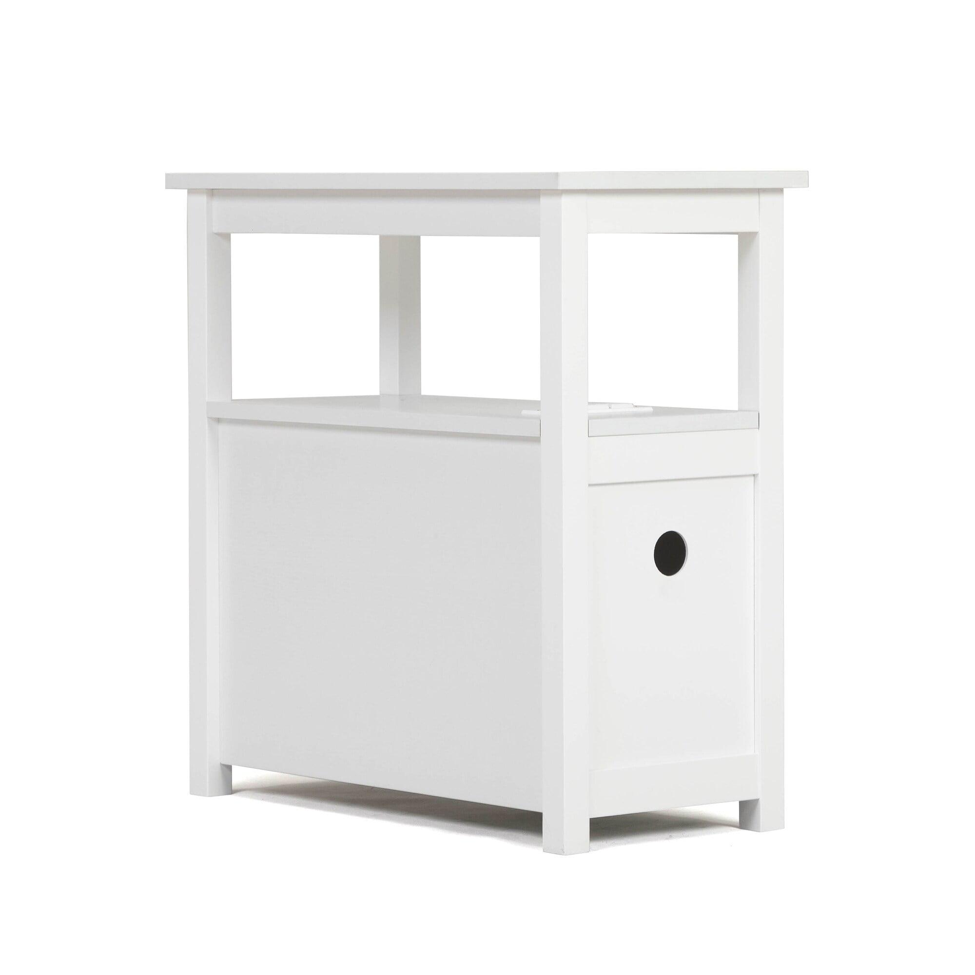 White Narrow MDF Nightstand with Charging Station and 2 Drawers