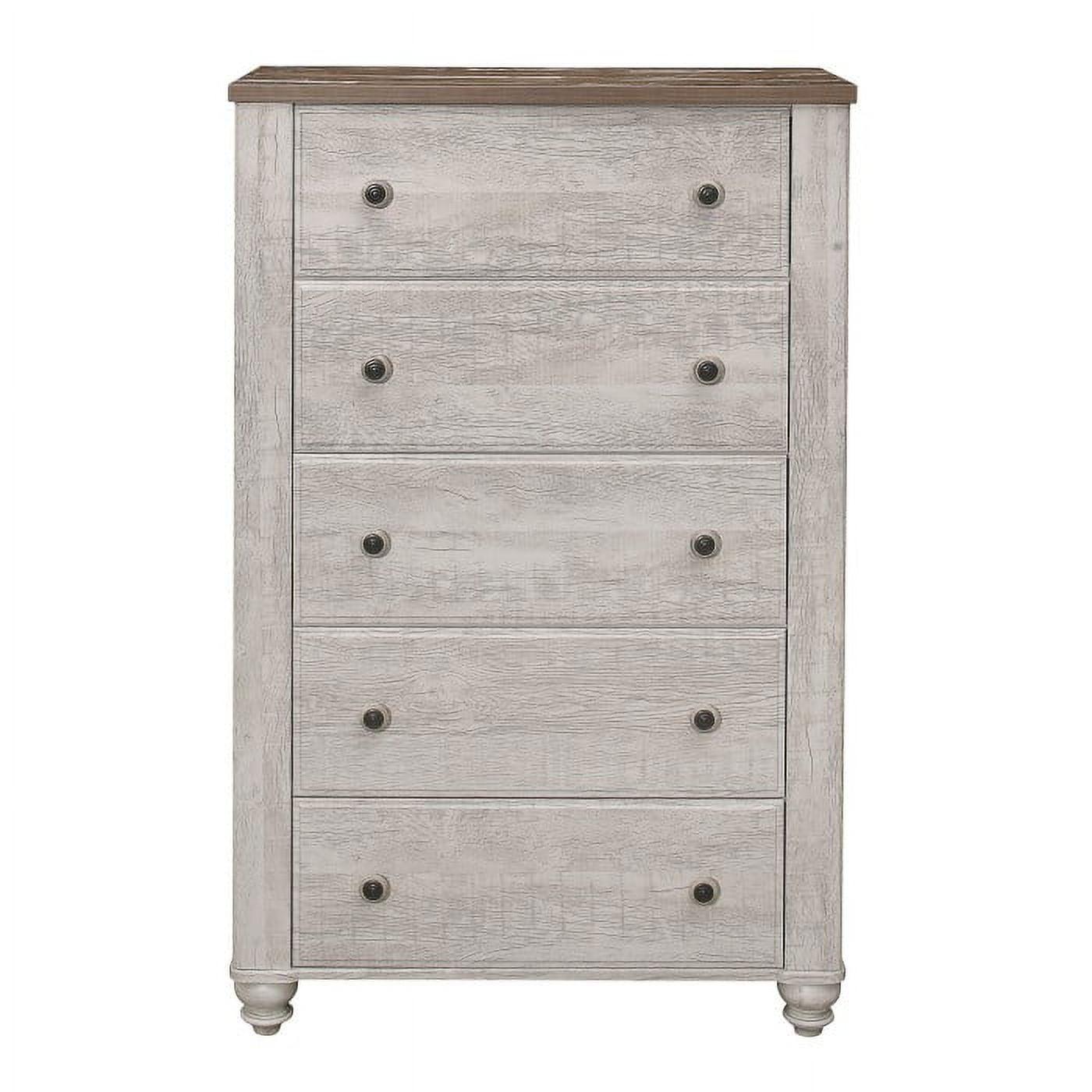 Antique White and Brown 5-Drawer Transitional Chest