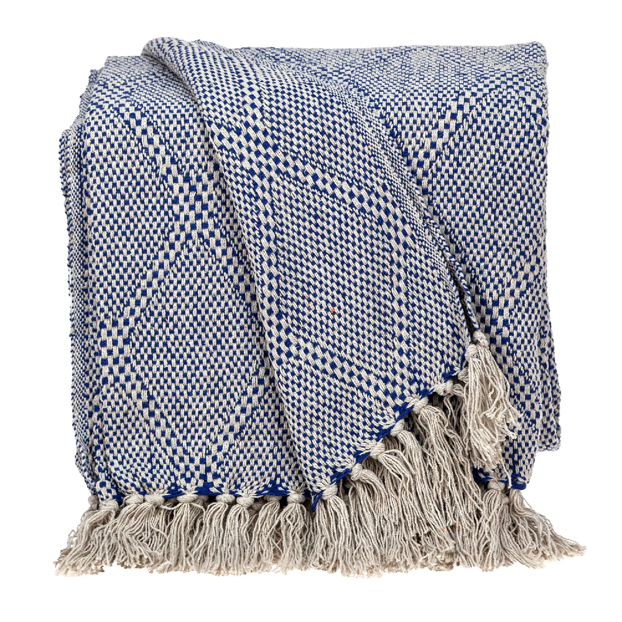 Blue and Beige Wool Cotton Argyle Throw Blanket with Tassels 52" x 67"