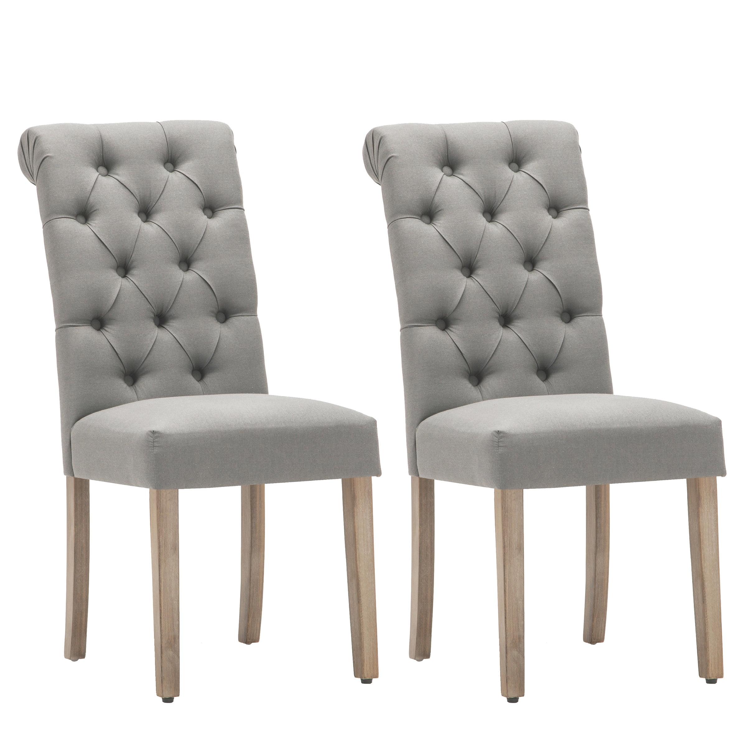 Sophisticated Grey Linen and Weathered Wood Tufted Dining Chair (Set of 2)