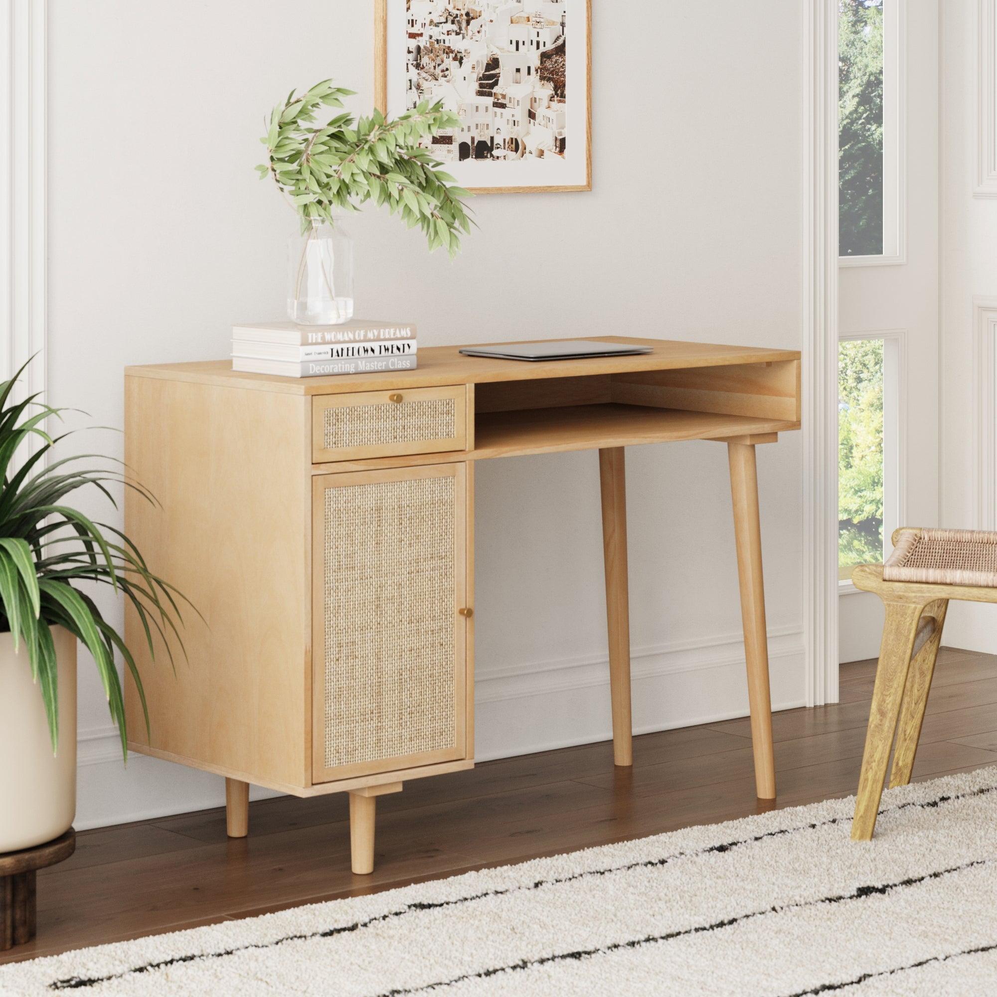 Warm Pine Rattan Desk with Drawer and Storage