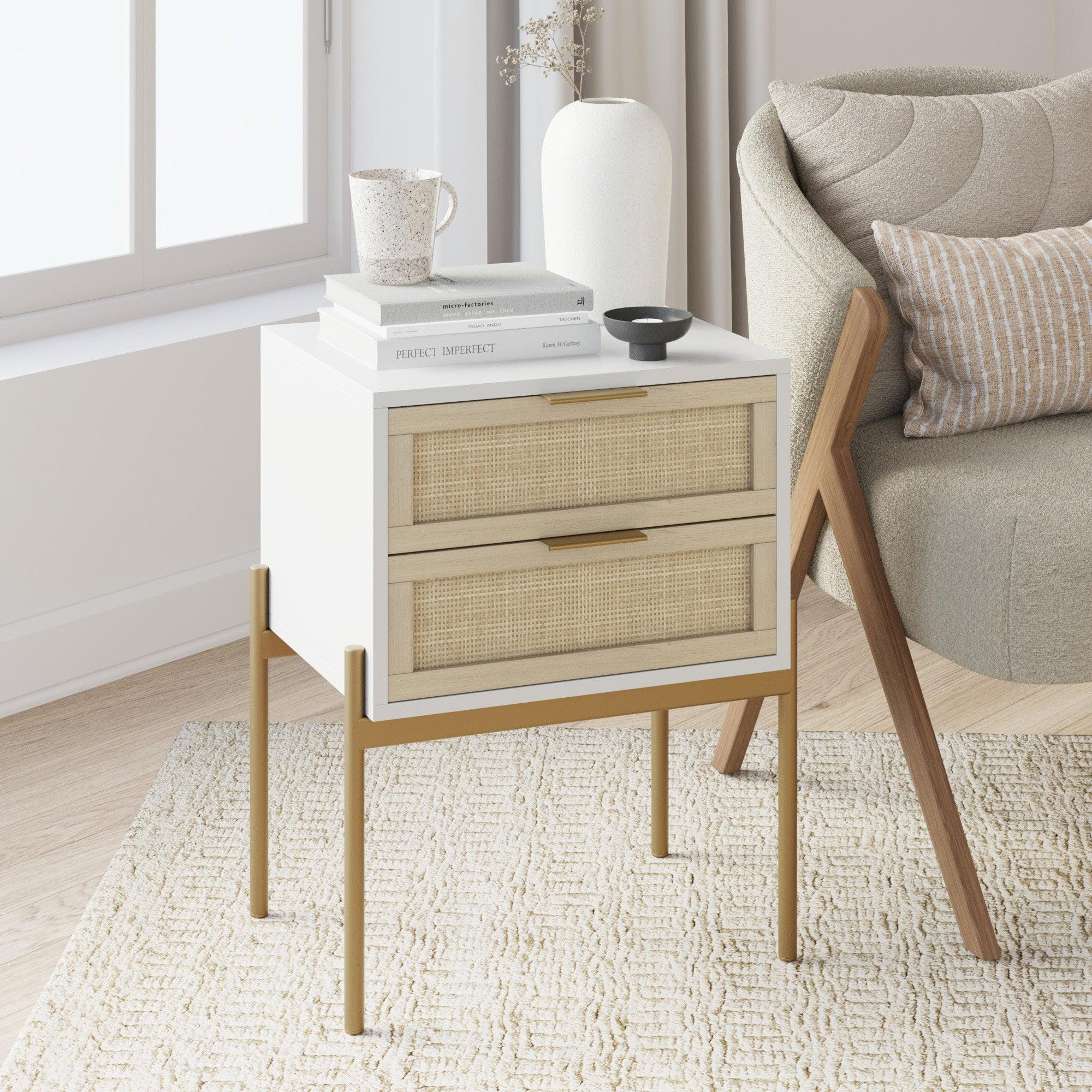 White and Gold Rattan 2-Drawer End Table with Metal Legs