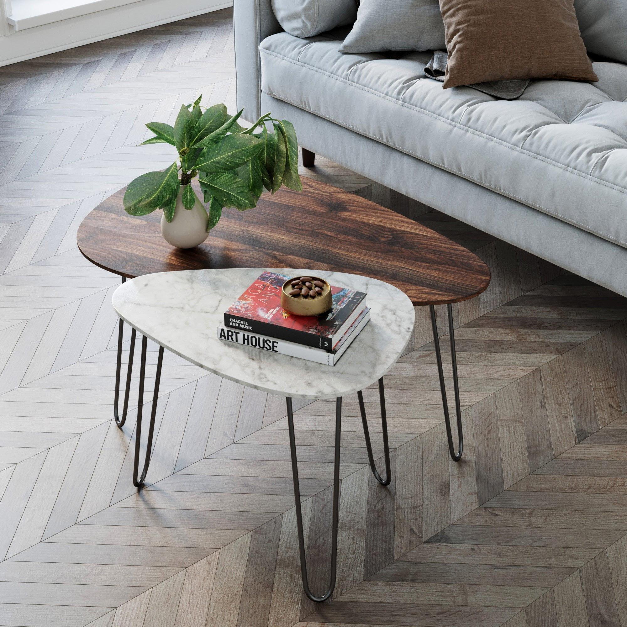 34" Bodhi Wood and Faux Marble Nesting Coffee Table Set Walnut/White Marble/Matte Black - Nathan James