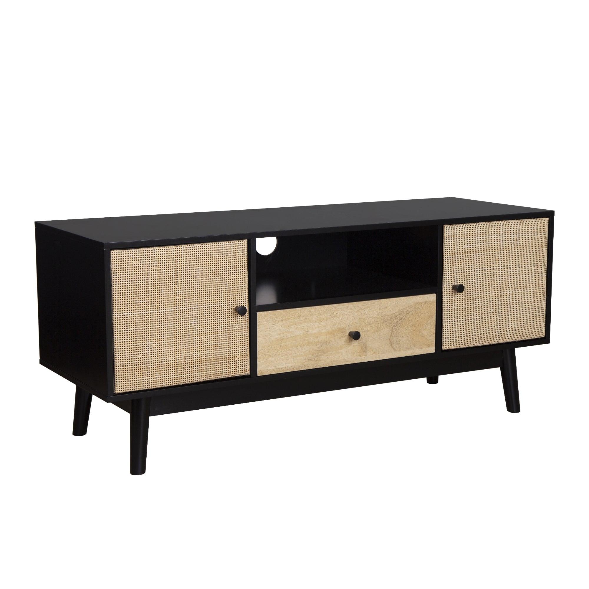 48'' Matte Black Bohemian Media Console with Rattan Accents