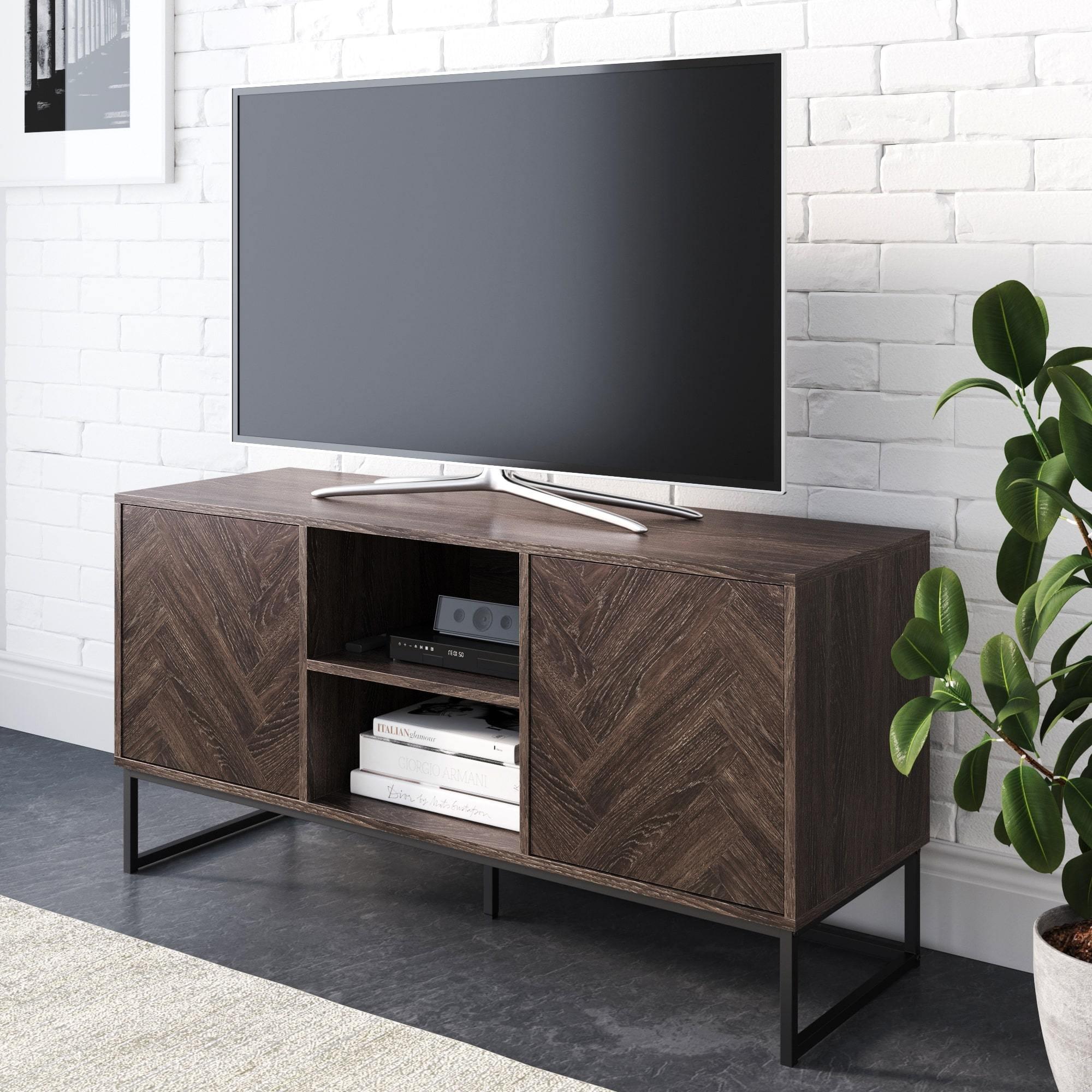 Matte Black and Dark Grey Wash Media Console Cabinet with Herringbone Texture