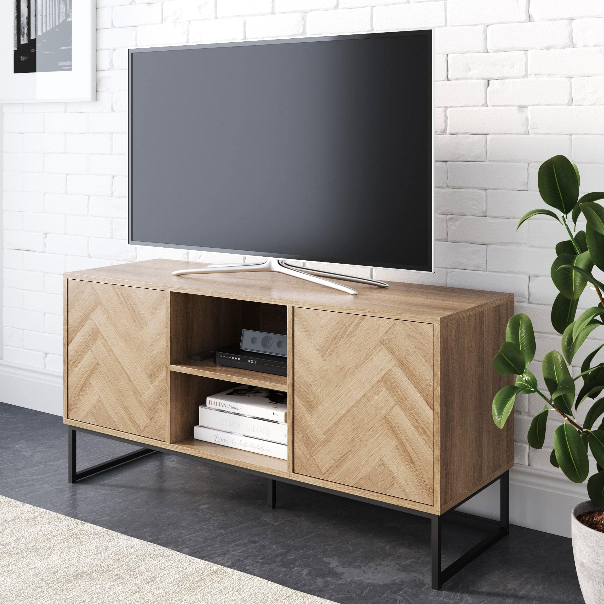 Nathan James Dylan Herringbone Media Cabinet Light Golden Oak Matte Black: Entertainment Center with Cable Management, Fits 55" TV