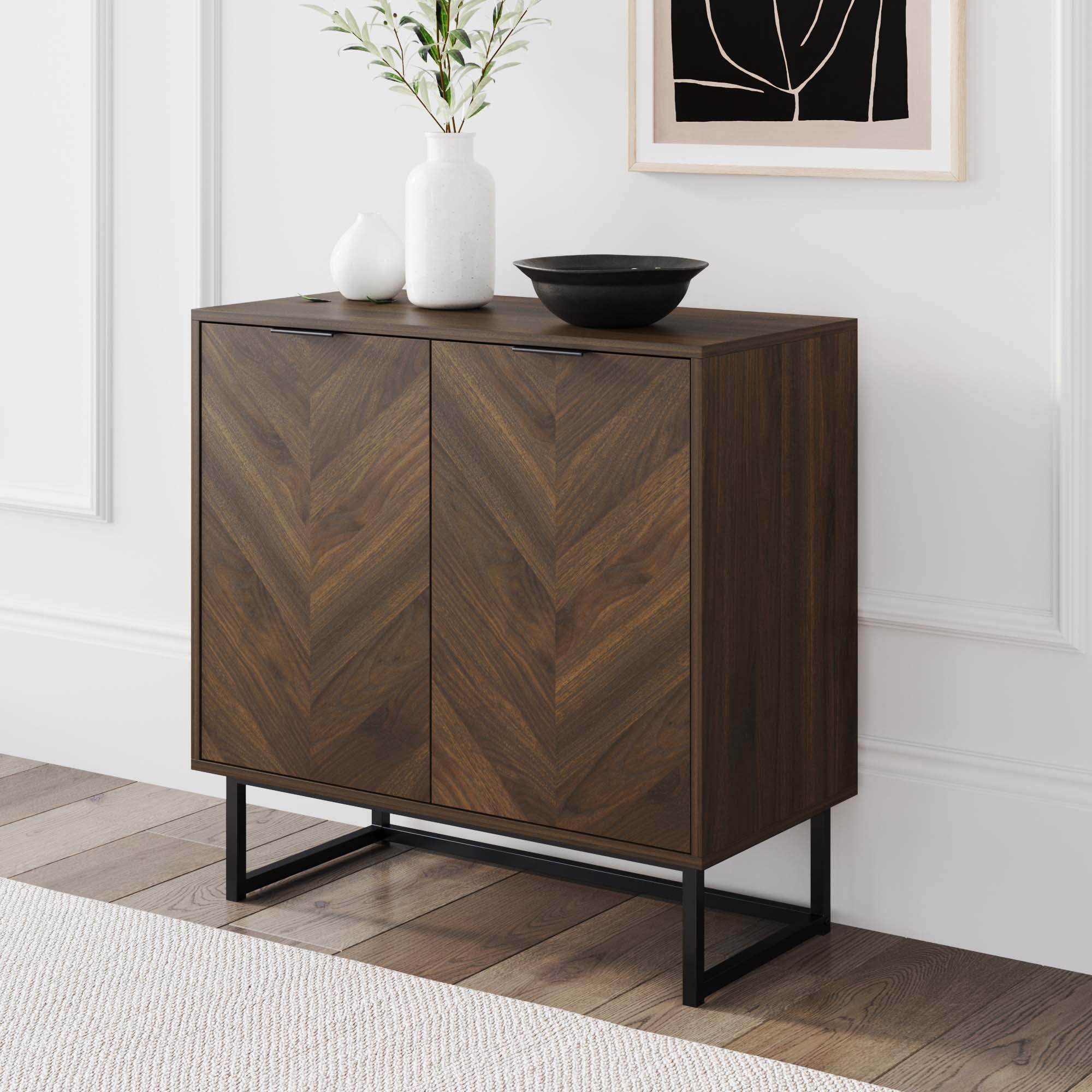 Walnut and Matte Black Freestanding Storage Cabinet with Adjustable Shelves