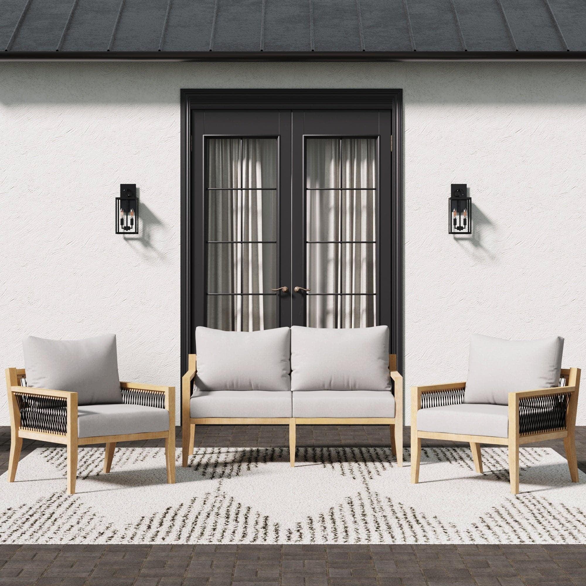 Nathan James 3pc Freya Bohemian Wood Outdoor Patio Conversation Set: Acacia Frame, UV-Resistant