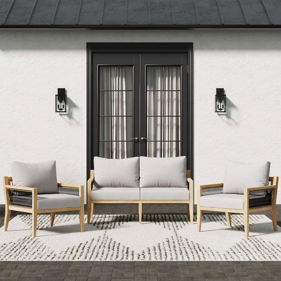 Nathan James 3pc Freya Bohemian Wood Outdoor Patio Conversation Set: Acacia Frame, UV-Resistant
