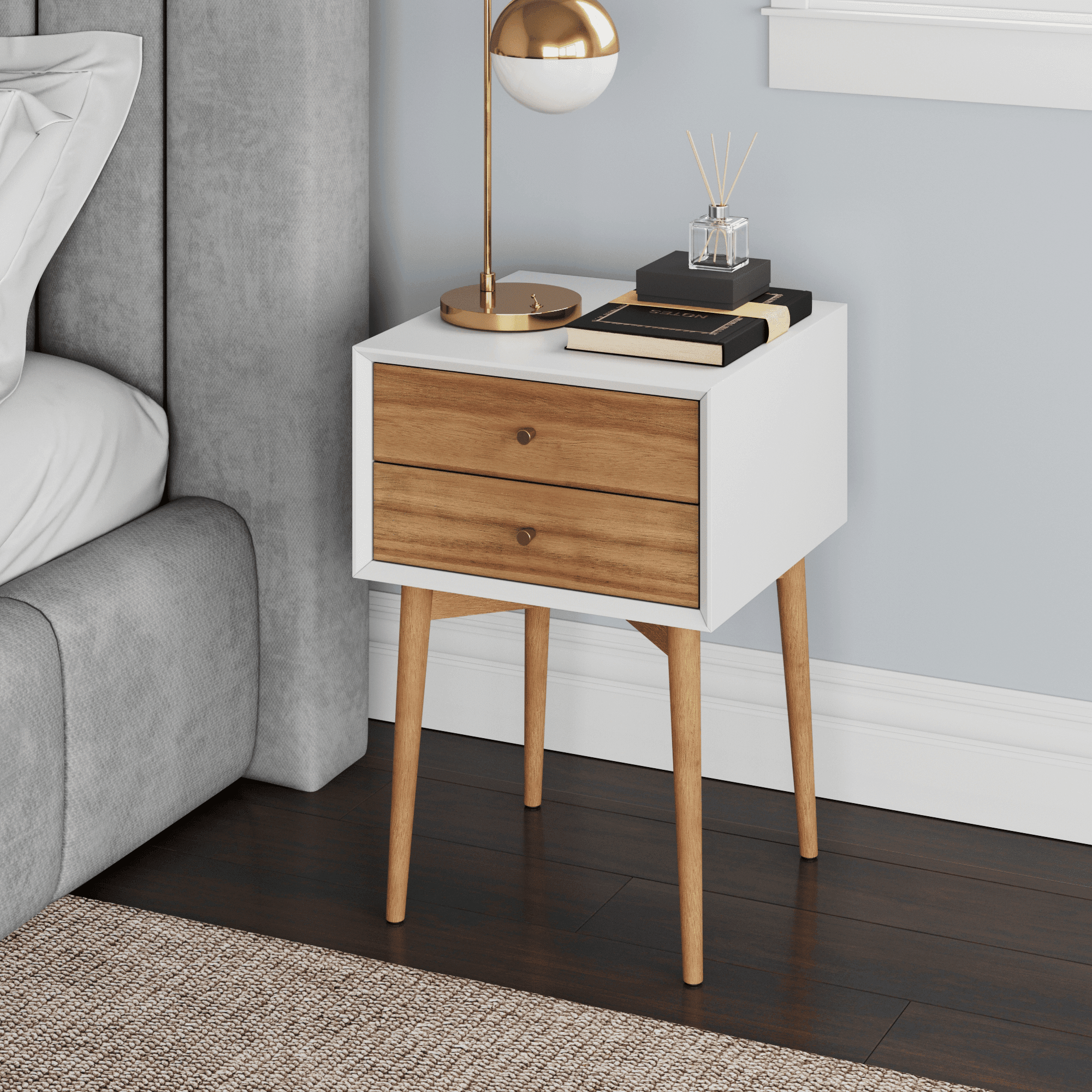 Harper Mid-Century White/Brown 2-Drawer Side Table