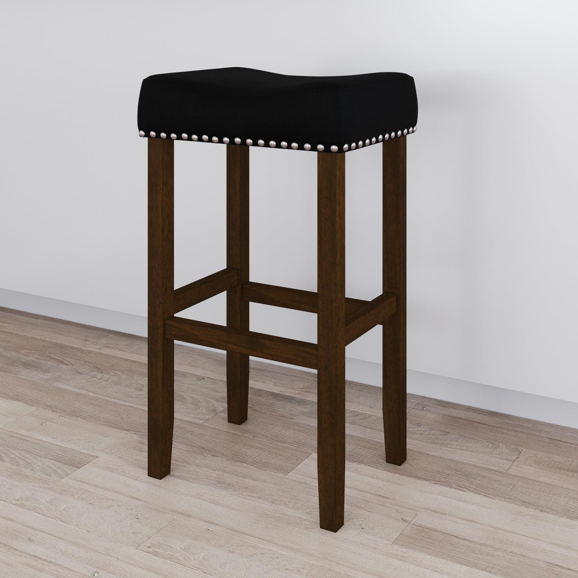 28'' Dark Brown Wood & Black Fabric Upholstered Saddle Barstool