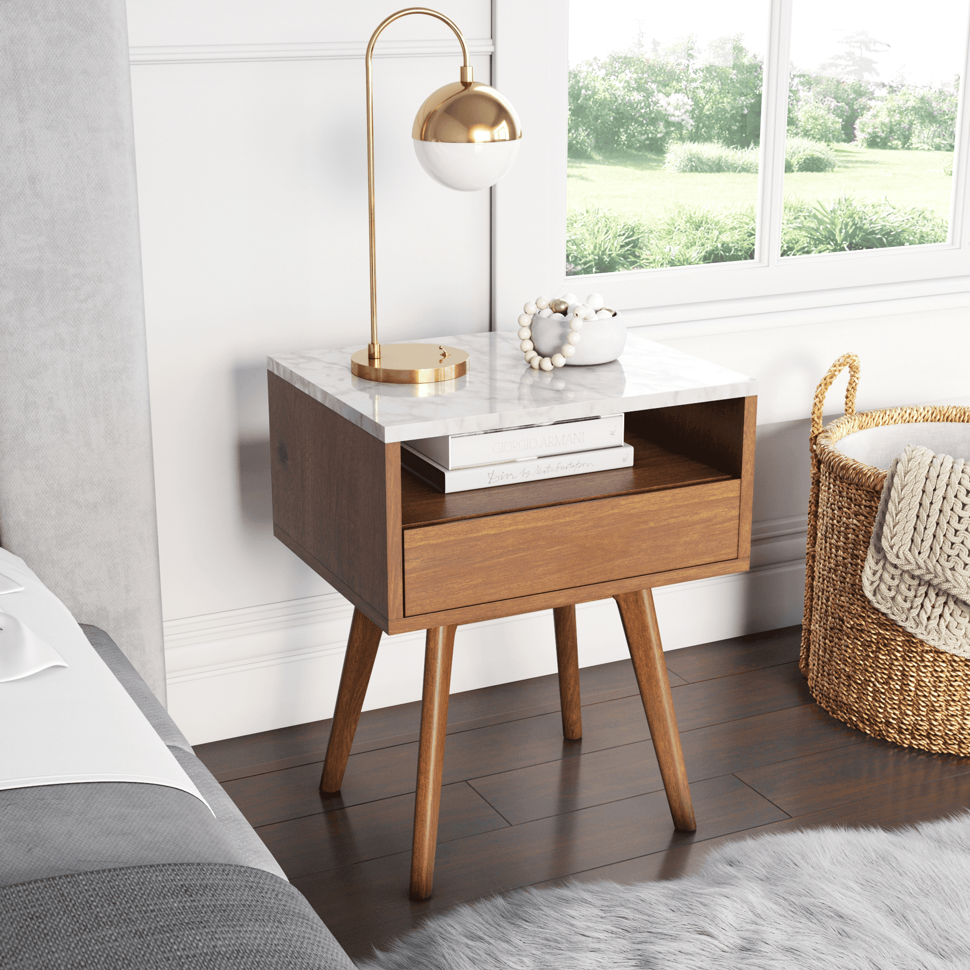 25" Walnut and Faux Marble Side Table with Storage Drawer