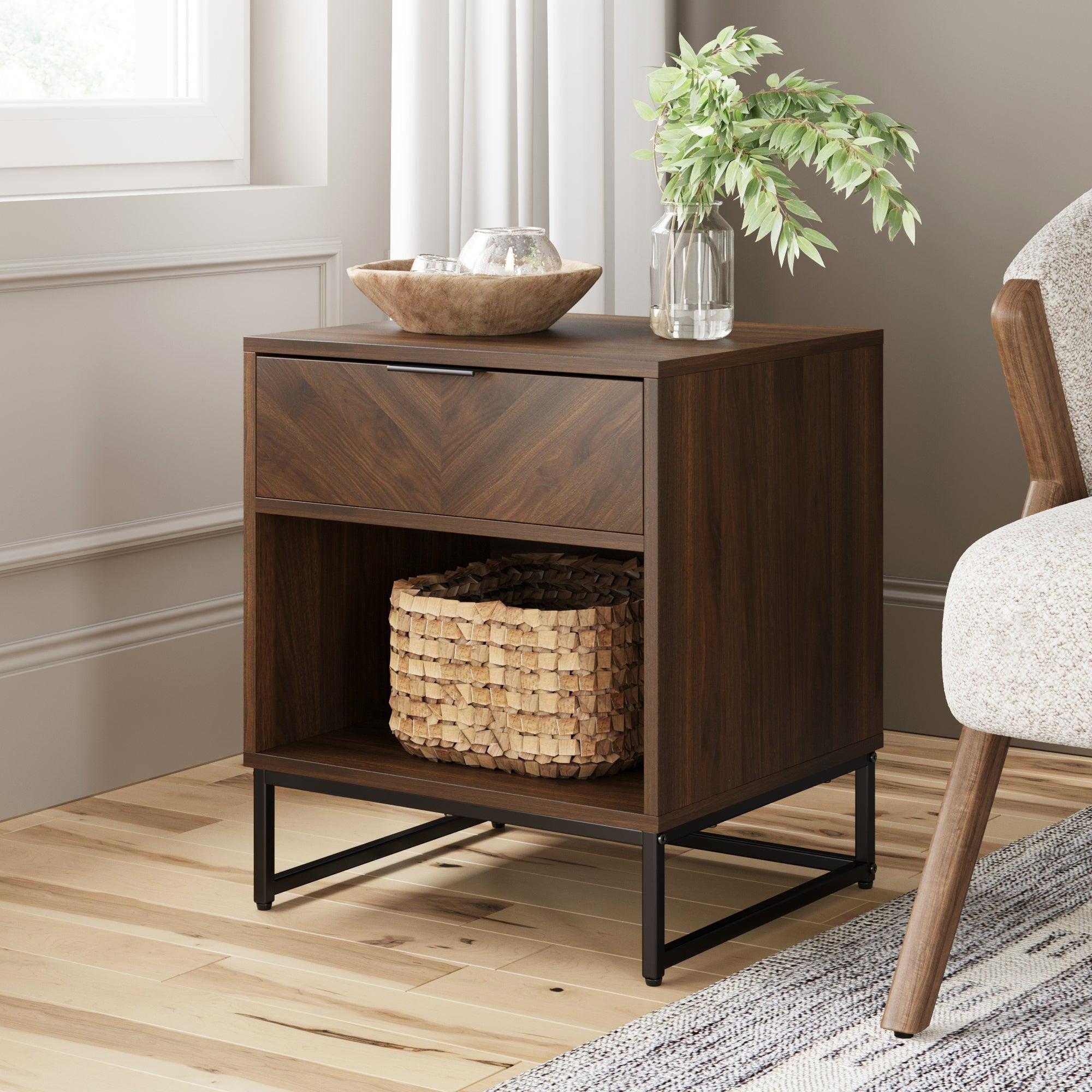 Kensi Rustic Walnut Nightstand with Herringbone Design & Matte Black Metal Base