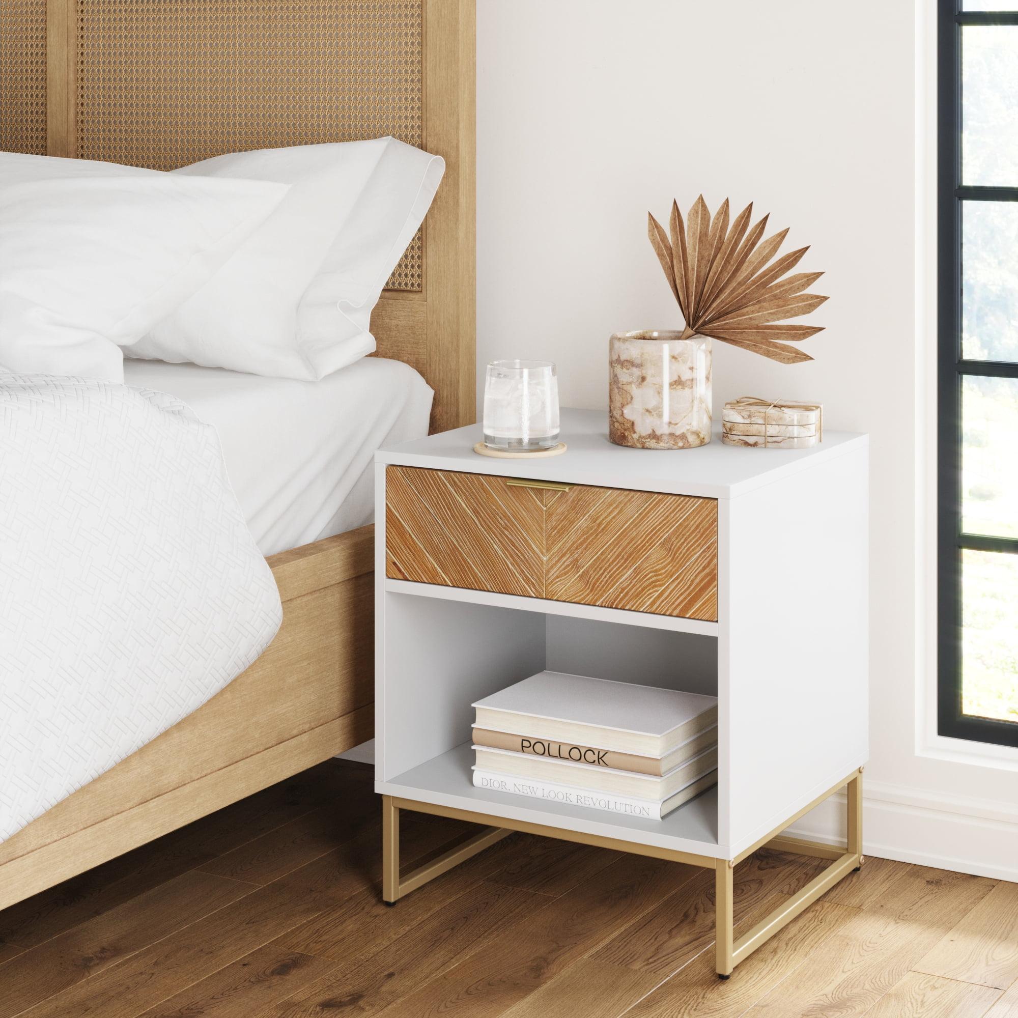 Kensi 18.9" White and Gold Nightstand with Herringbone Wood Drawer