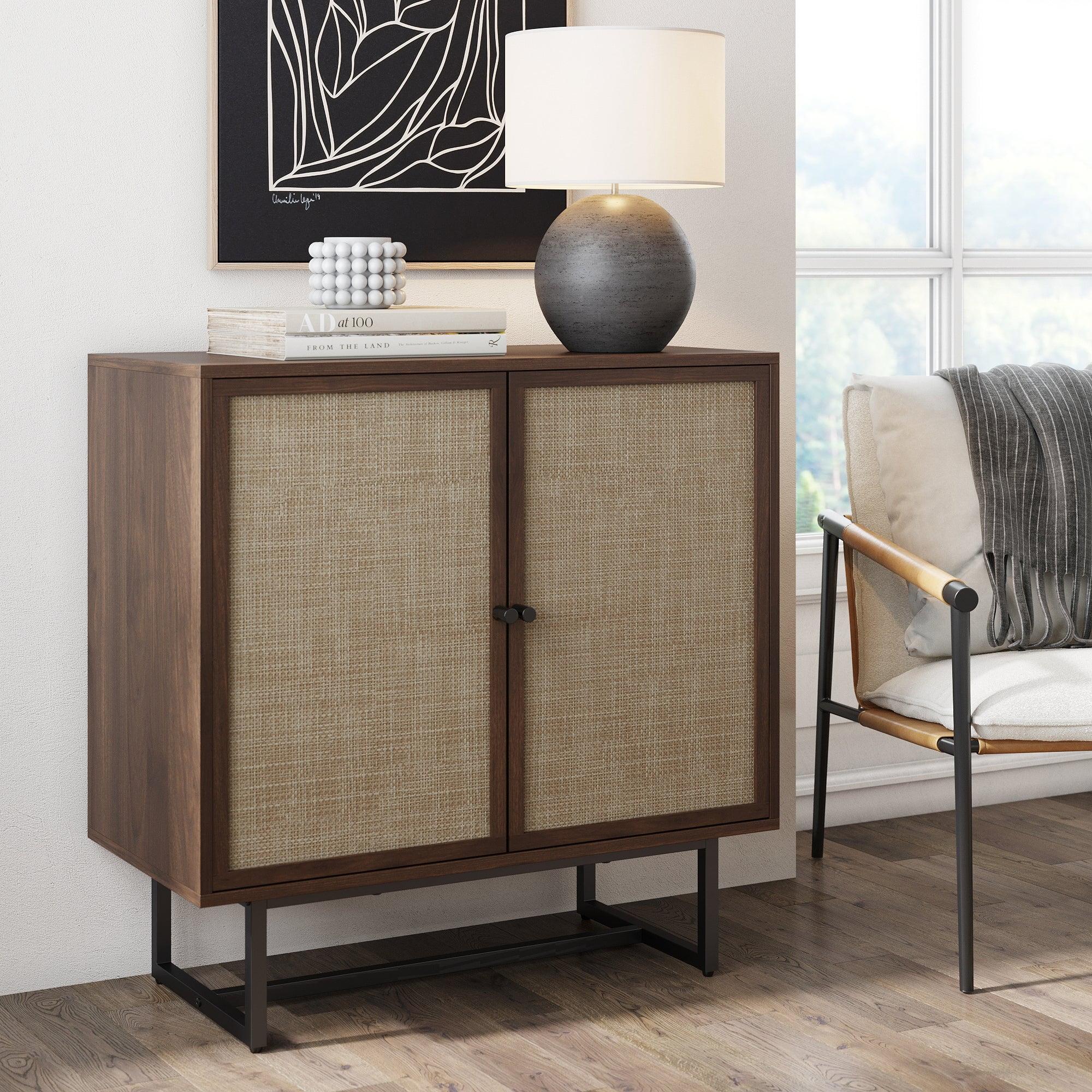 Nathan James Kova Bohemian Rattan Sideboard or Storage Cabinet, Wooden Storage Cabinet with Doors, Walnut Sideboard Buffet or Rattan Accent Storage Cabinet with Matte Black Legs