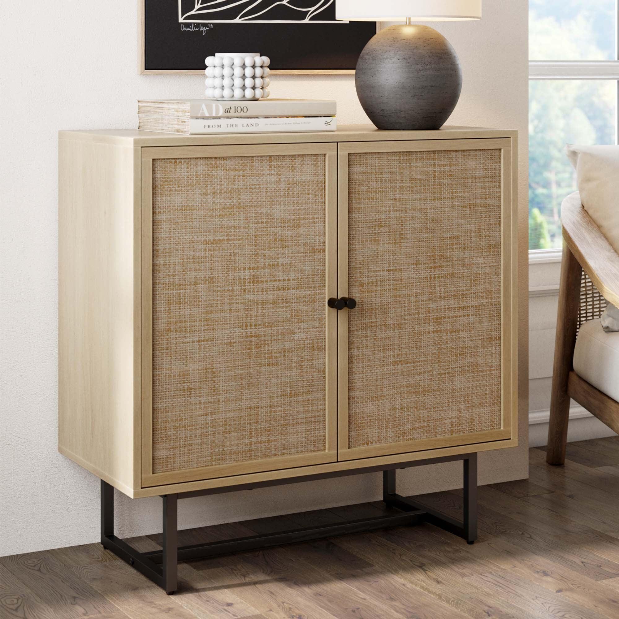 Nathan James Kova Natural Cane Rattan Doors Accent Cabinet with Black Metal Base and Adjustable Shelf