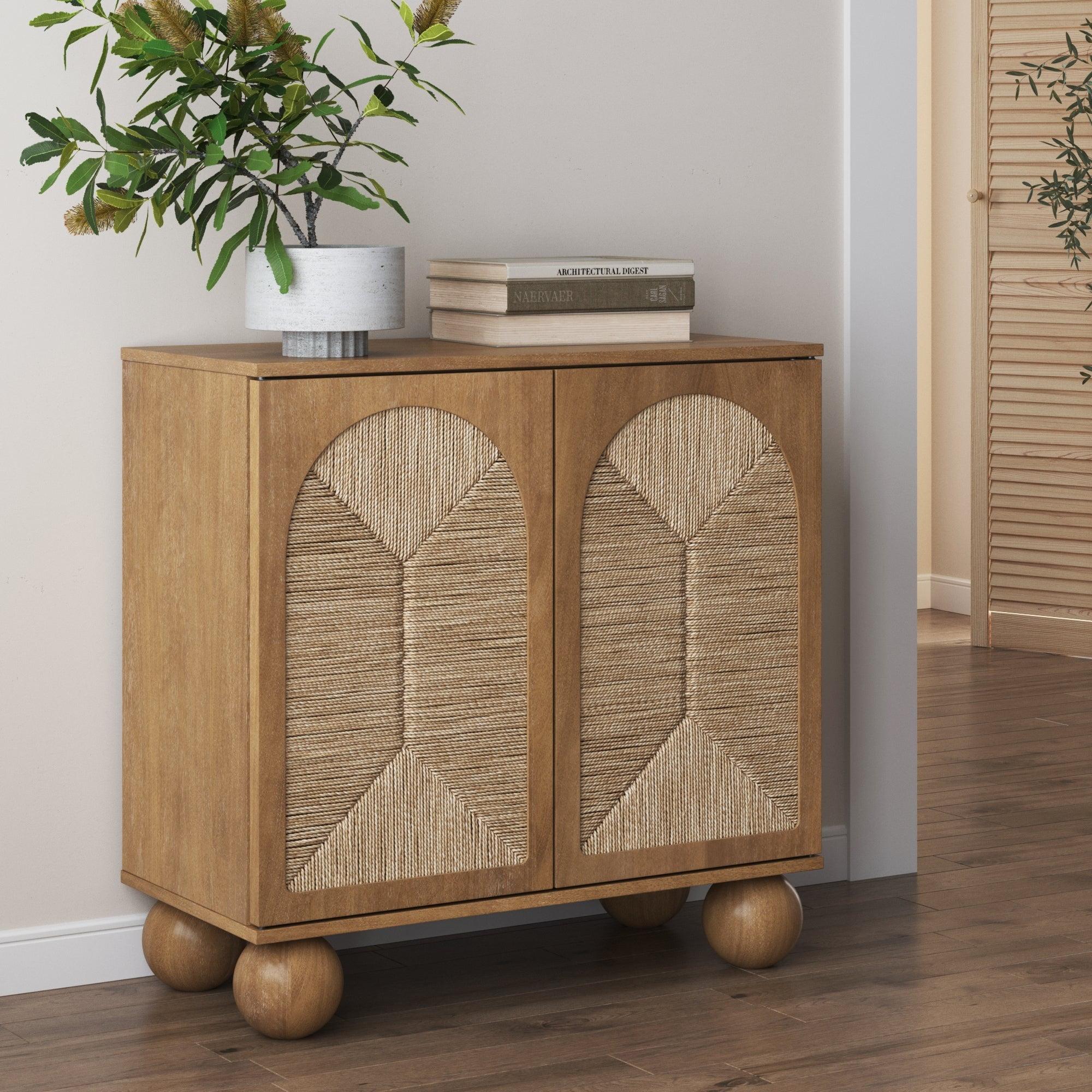 Nathan James Boho Storage Cabinet with Ball-Style Feet and Seagrass Door Panels