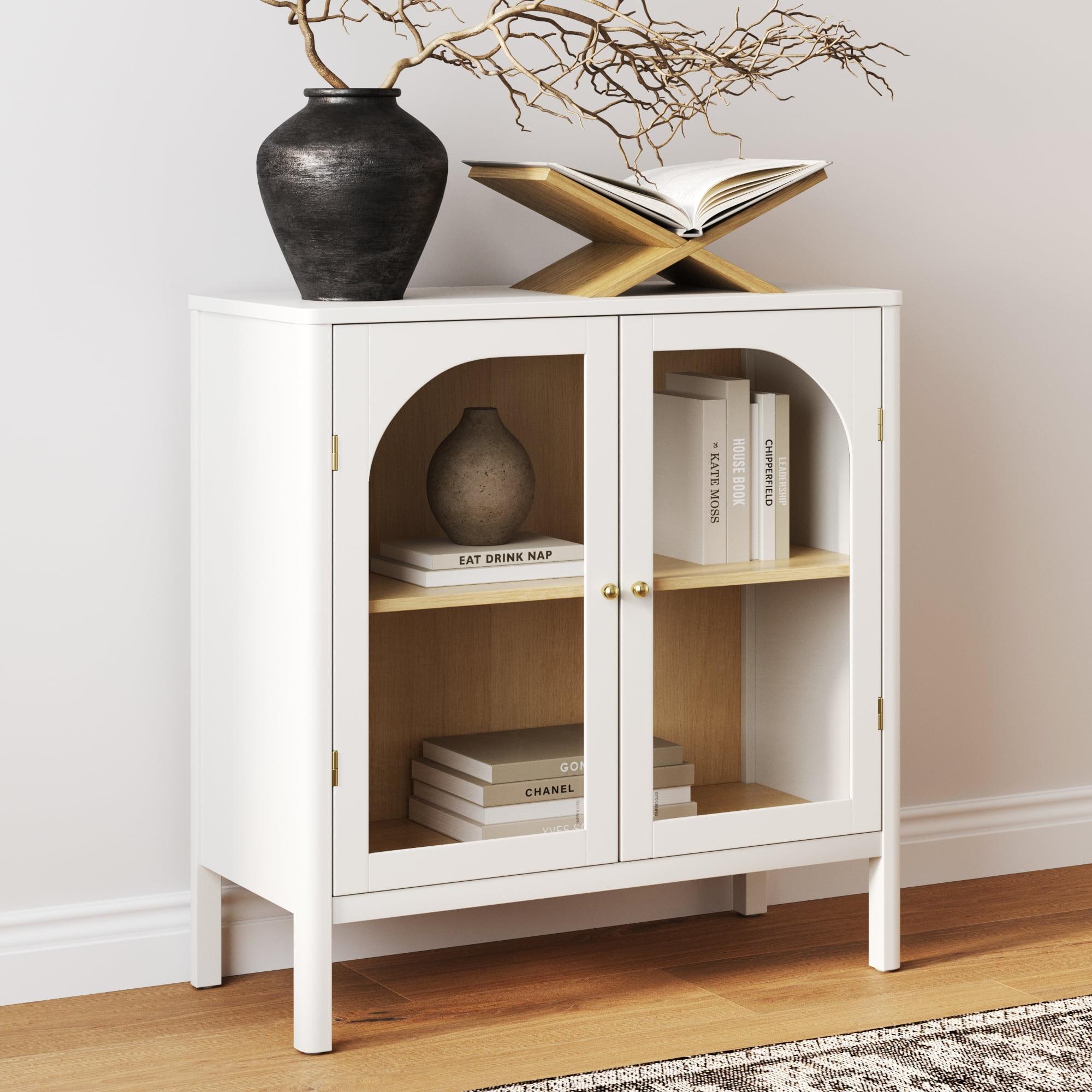 White and Light Oak Glass Door Storage Cabinet with Brass Handles