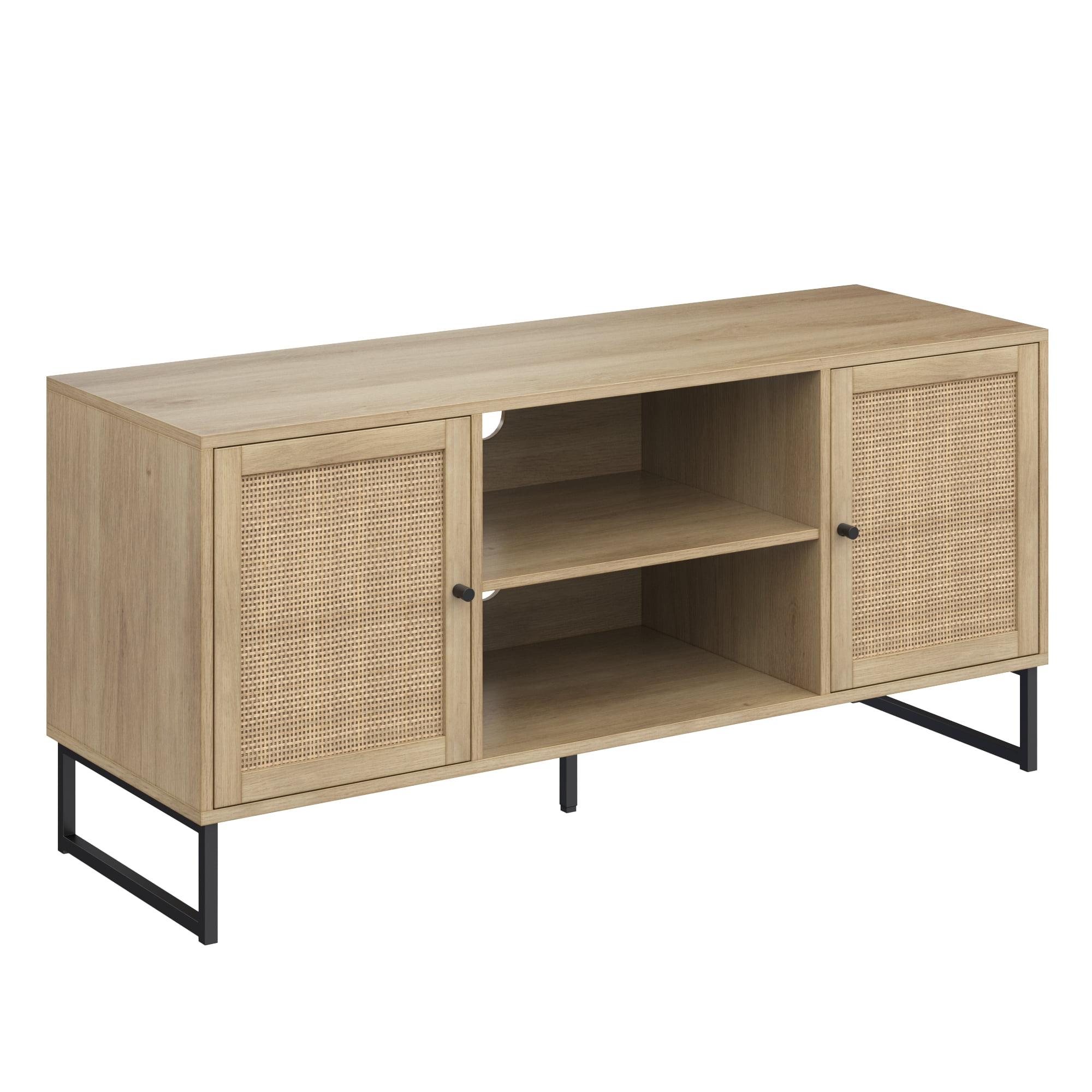 54'' Mina Matte Black and Light Oak Media Console with Rattan Cabinet Doors