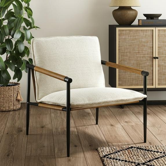 Nathan James Metal Accent Chair Boucle Fabric: Upholstered Lounge Armchair for Bedroom, Cotton & Faux Leather