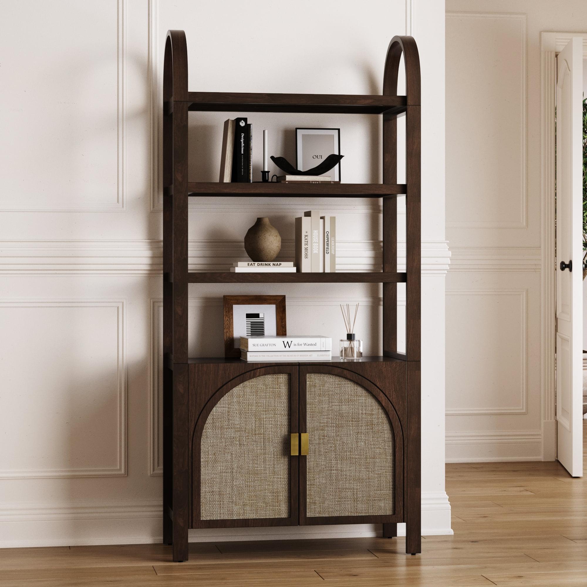 Boho 3-Shelf Bookshelf Cabinet With Rattan Doors