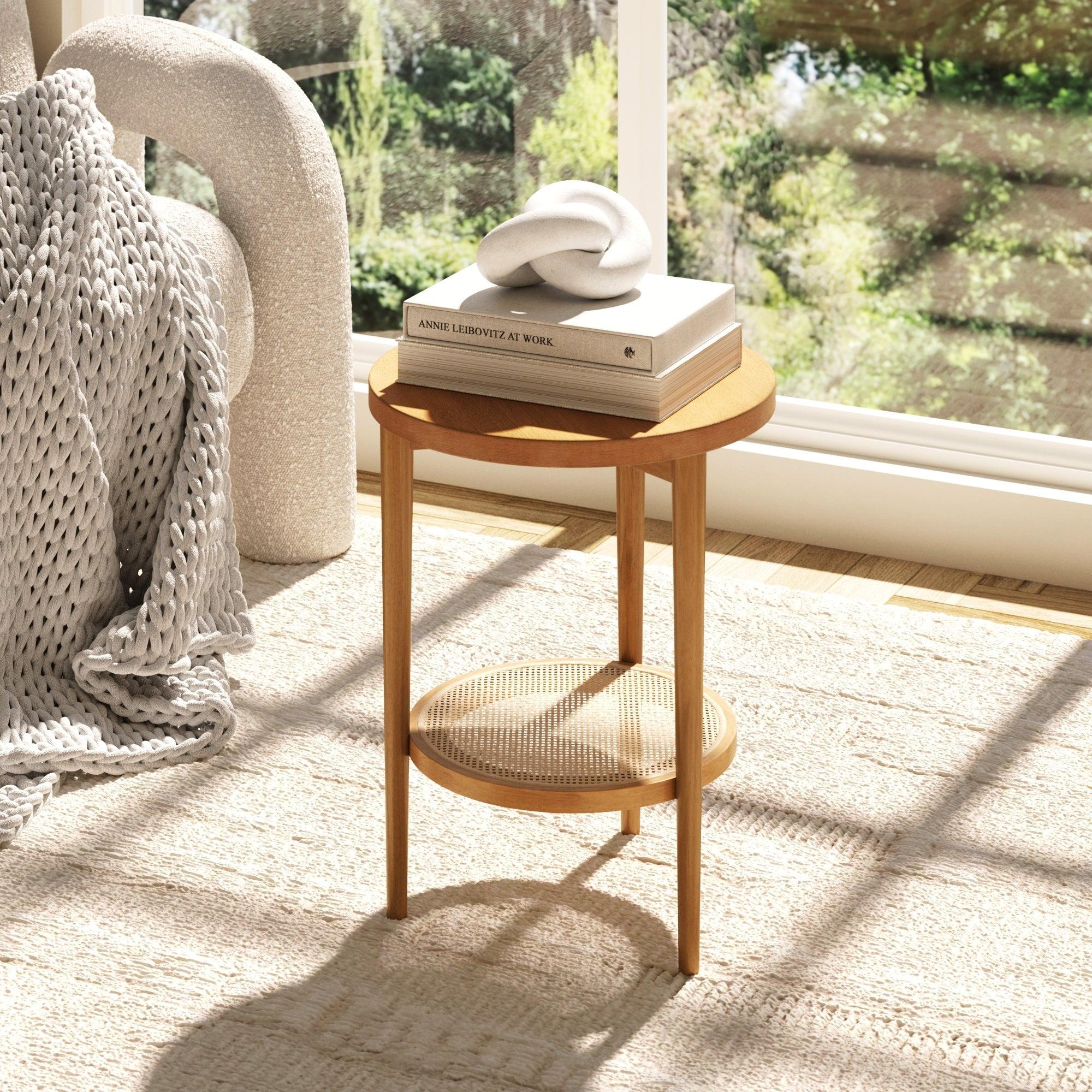 Honey Brown Round Wood Side Table with Rattan Shelf