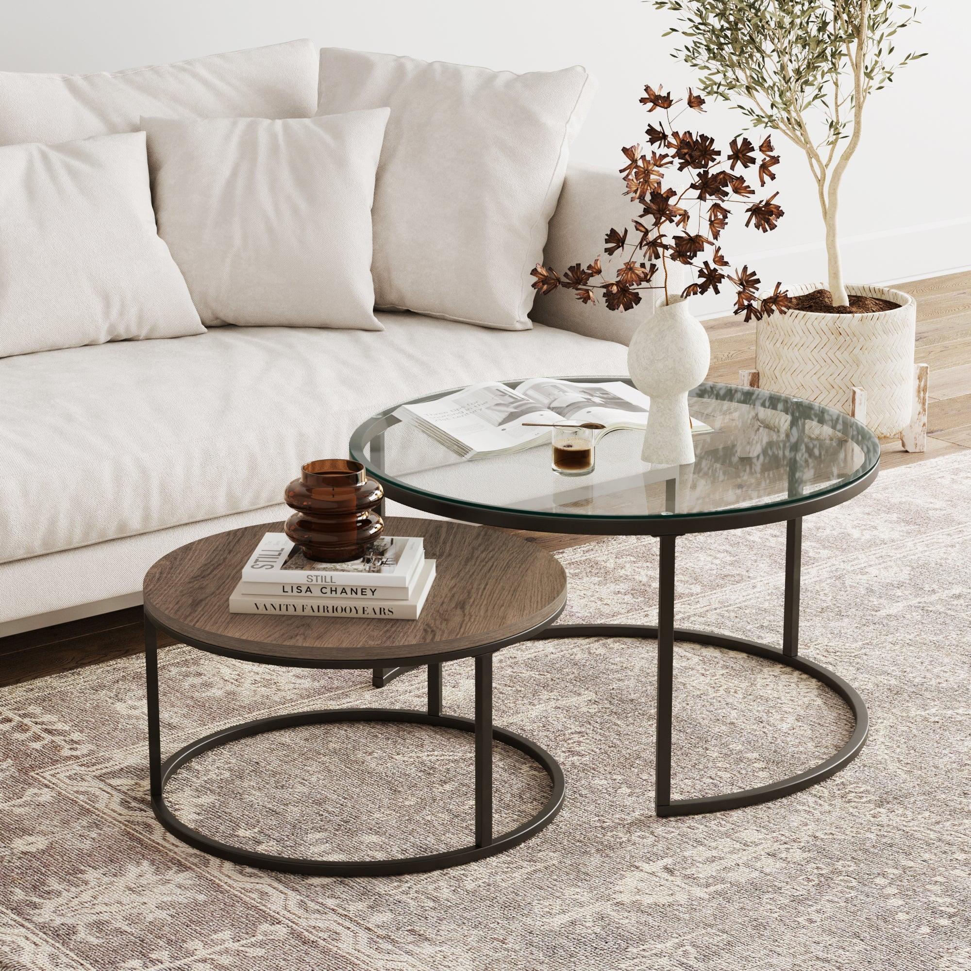 Stella 32" Round Rustic Oak and Glass Nesting Coffee Table Set