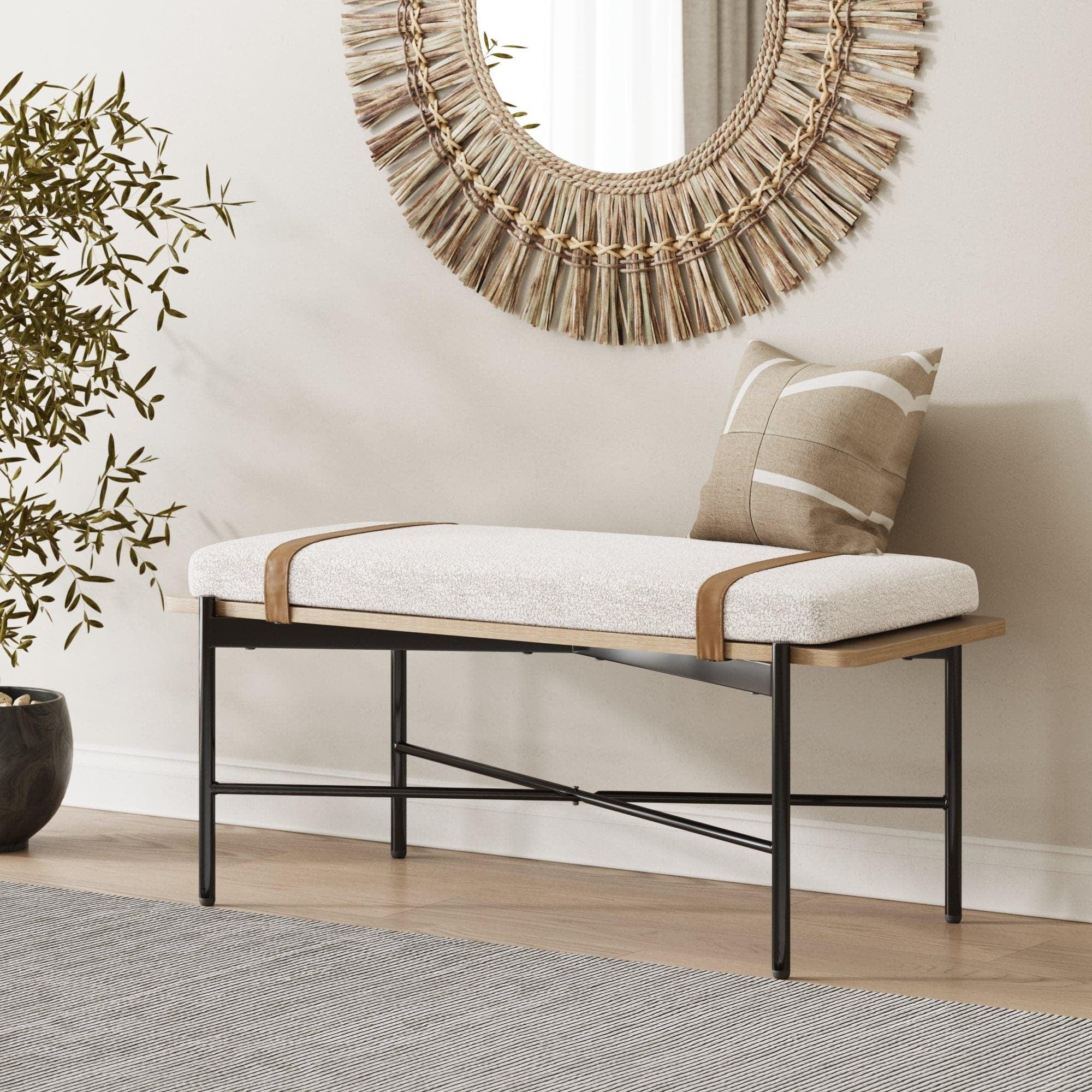 Nathan James Thatcher Boucle Wood and Metal Removable Cushion Bench: Curved Edge, Vegan Leather Straps, Zipper Design, Easy Clean