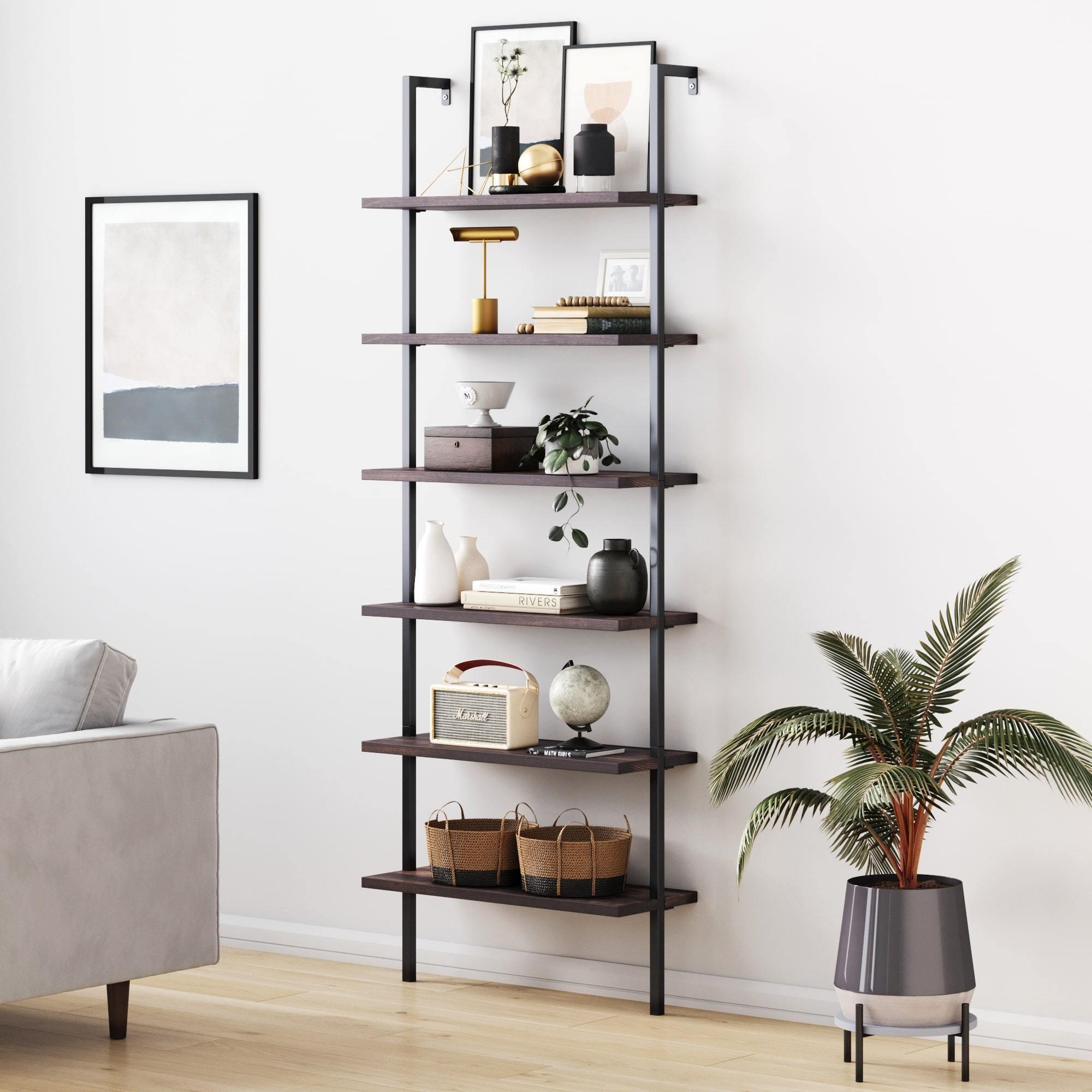 Theo 6-Tier Nutmeg & Matte Black Industrial Ladder Bookshelf