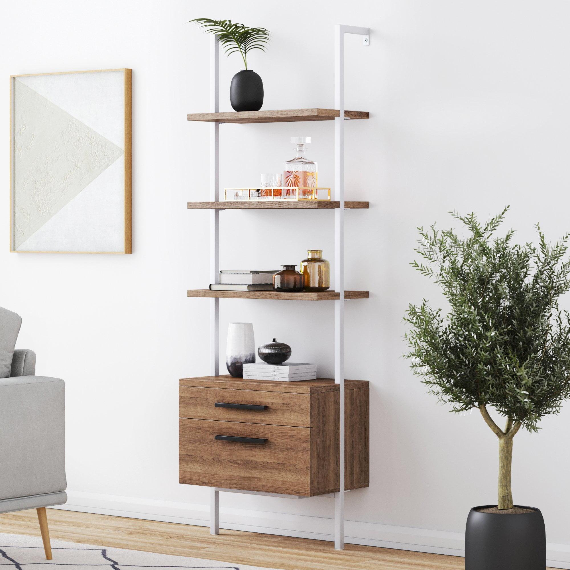 Theo Oak and White 3-Tier Ladder Bookshelf with Storage Drawers