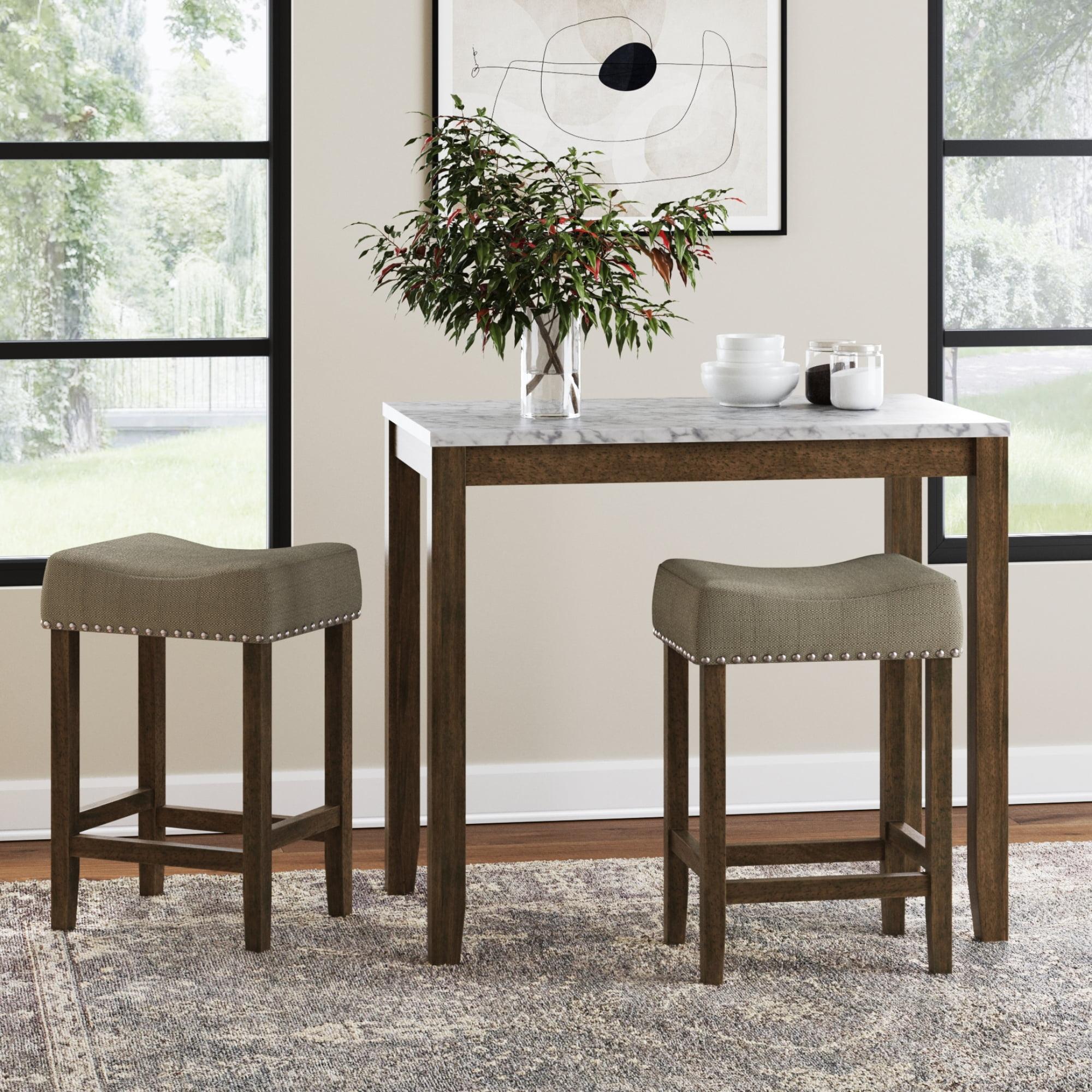 White Marble and Light Brown Wood Bistro Set with 2 Beige Chairs