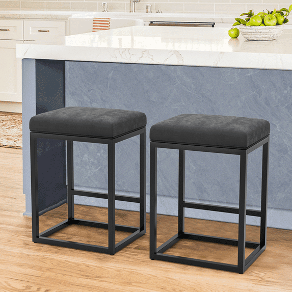 Nathaniel Home 24 Inch Bar Stools Set of 2, Modern PU Leather Metal Barstool, Backless Kitchen Dining Cafe Stool, Upholstered Bar Stool with Footrest, Dark Gray