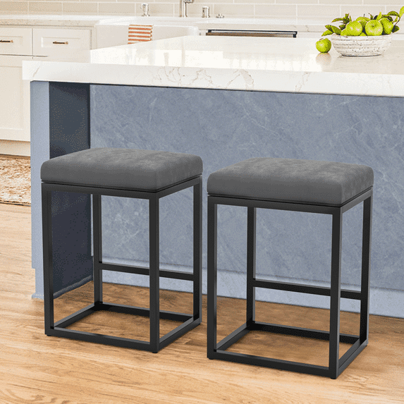 Nathaniel Home 24 Inch Bar Stools Set of 2, Modern PU Leather Metal Barstool, Backless Kitchen Dining Cafe Stool, Upholstered Bar Stool with Footrest, Dark Gray