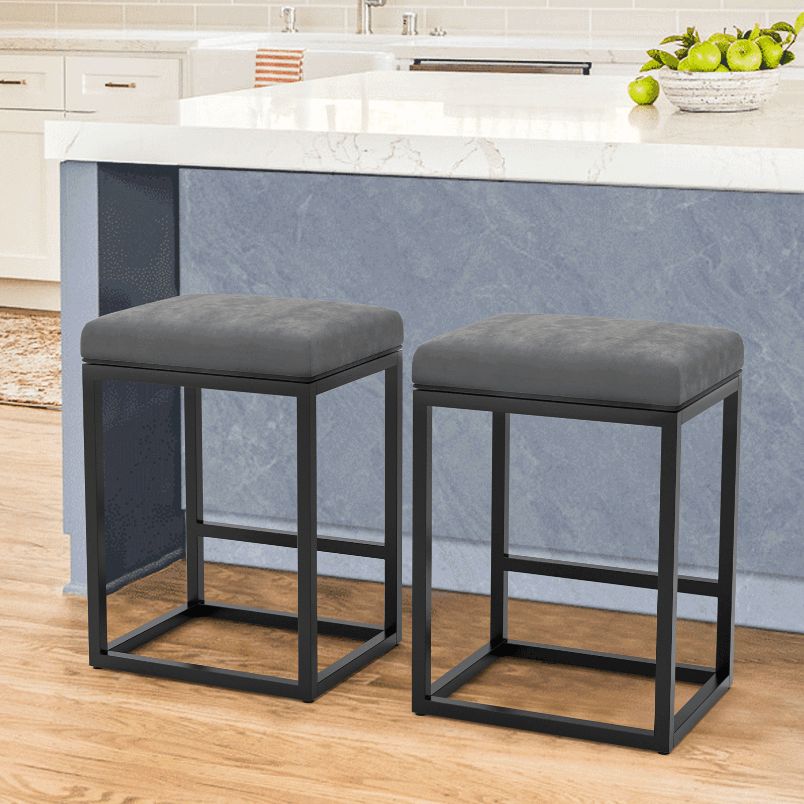 Gray Faux Leather and Metal Backless Bar Stools, 24'' Set of 2