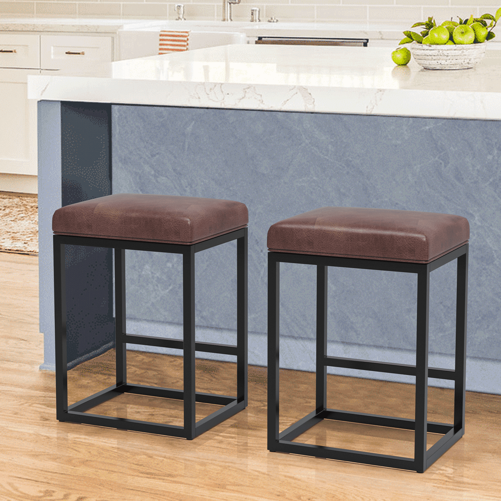 Nathaniel Home 24 Inch Bar Stools Set of 2, Modern PU Leather Metal Barstool, Backless Kitchen Dining Cafe Stool, Upholstered Bar Stool with Footrest, Light Brown