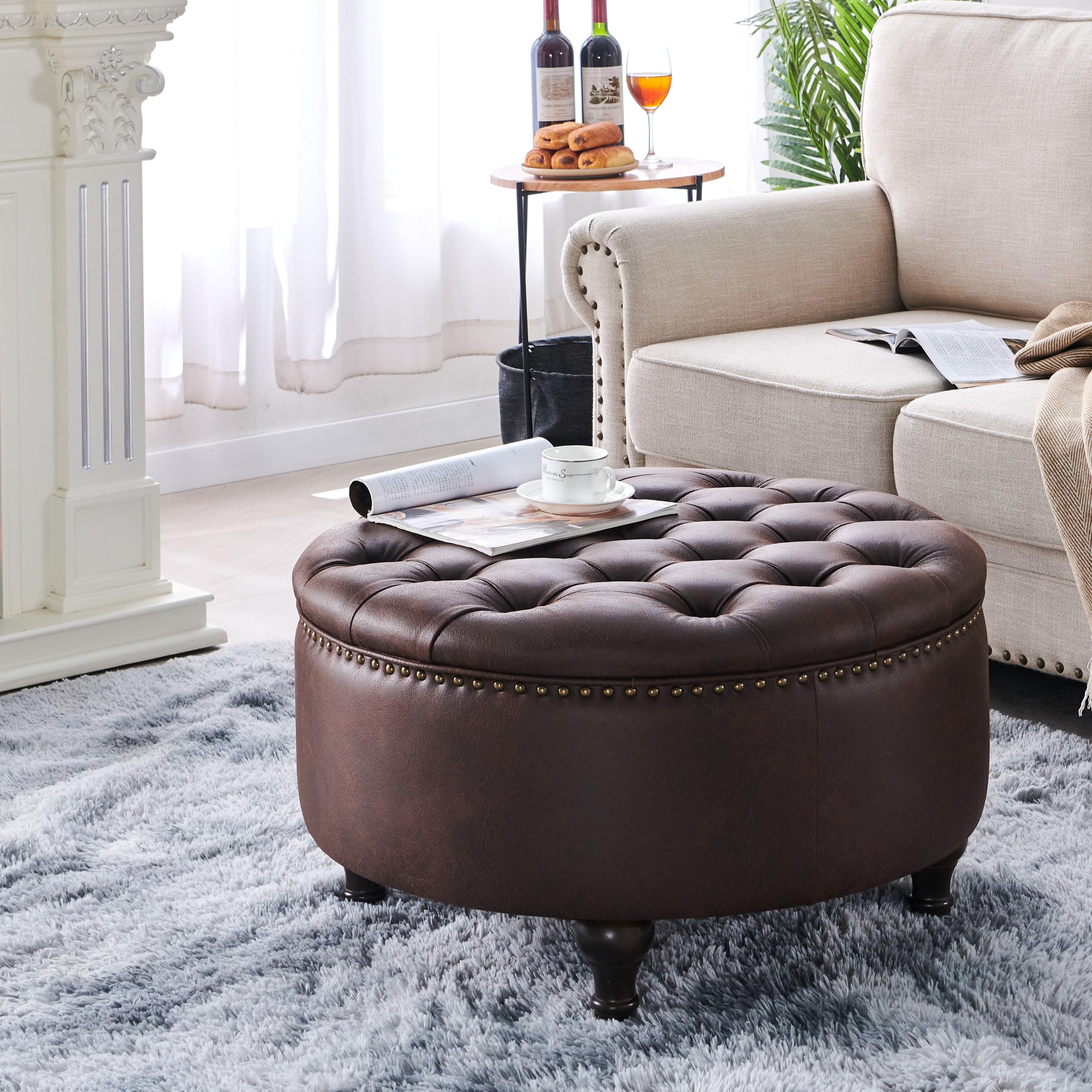 Nathaniel Home, Upholstered 30" Round Storage Button Tufted Ottoman, with Removable Lid, Modern Footrest Stool Bench, Brown