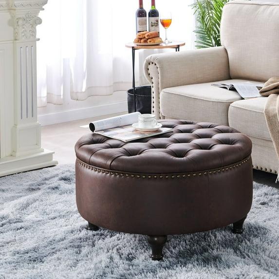 Nathaniel Home, Upholstered 30" Round Storage Button Tufted Ottoman, with Removable Lid, Modern Footrest Stool Bench, Brown