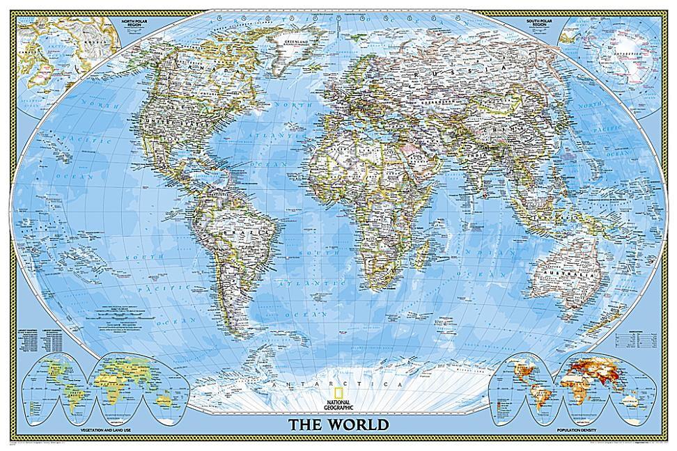 Classic Blue and Multicolor World Map Poster 36 x 24 Inches