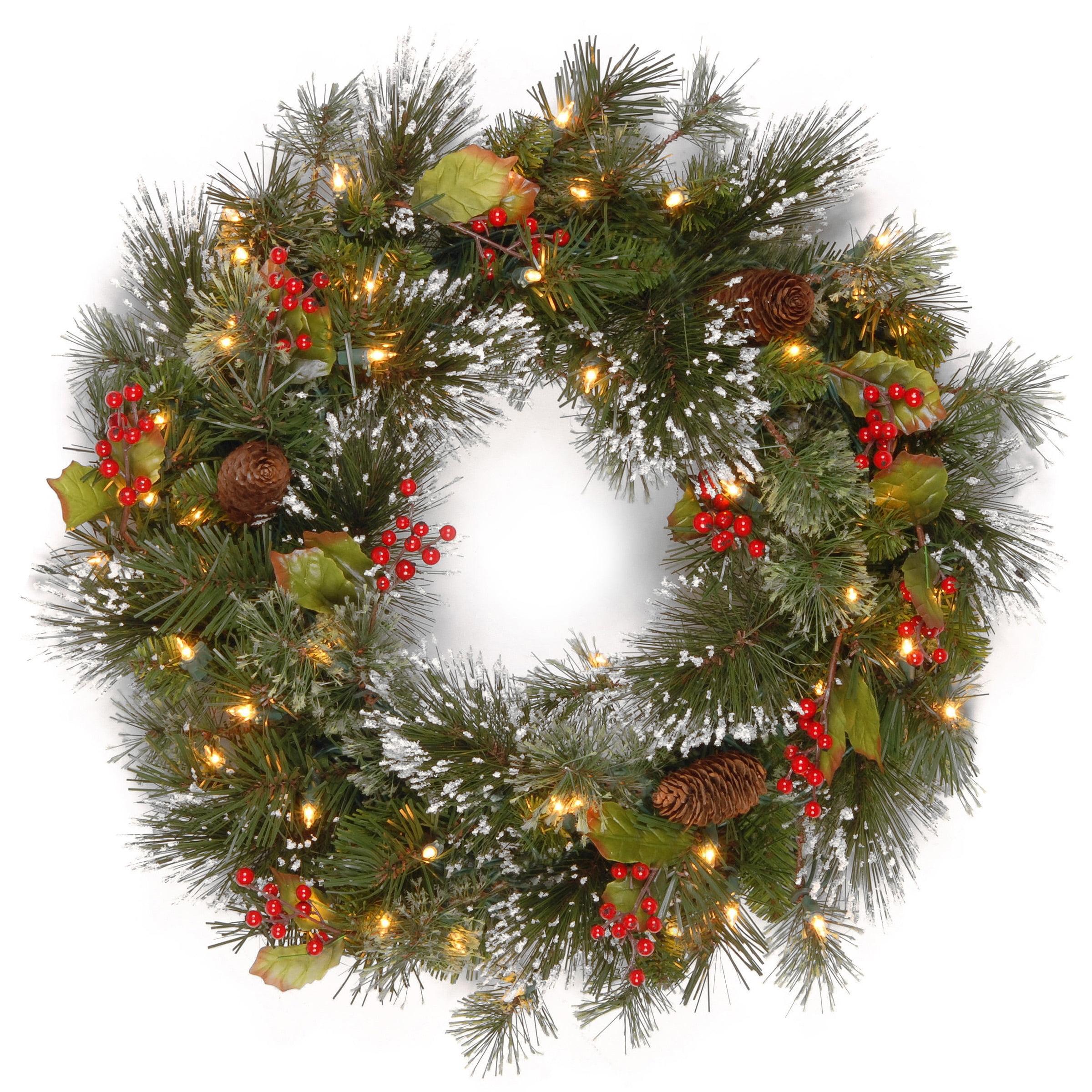 24" Prelit Wintry Pine Christmas Wreath with Cones and Berries White Lights - National Tree Company