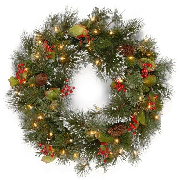 24" Prelit Wintry Pine Christmas Wreath with Cones and Berries White Lights - National Tree Company