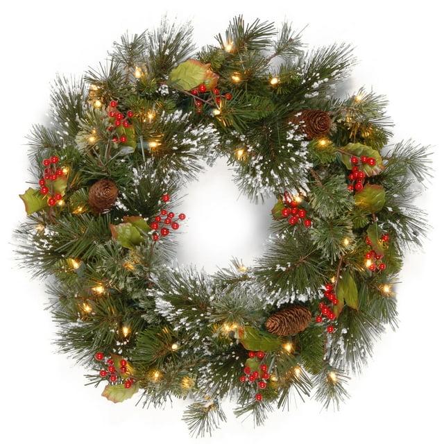 24" Prelit Wintry Pine Christmas Wreath with Cones and Berries White Lights - National Tree Company