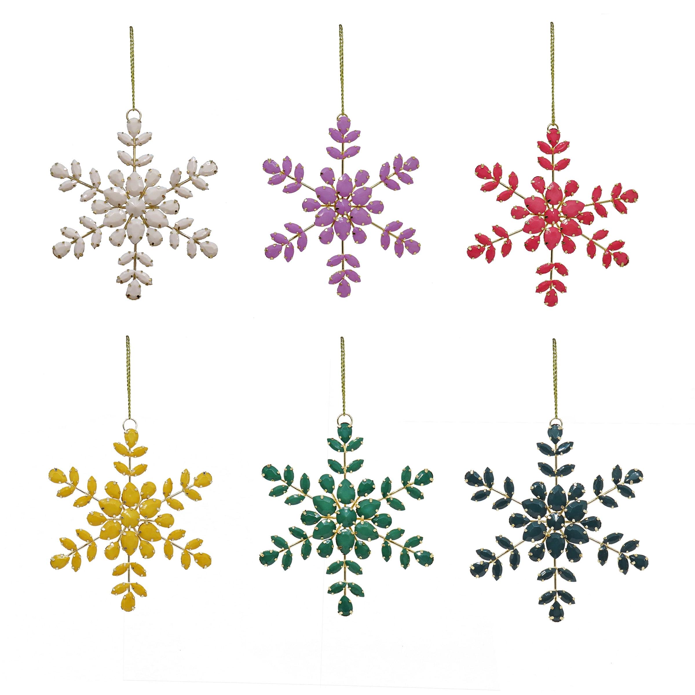 6-Piece Multicolor Beaded Snowflake Ornament Set with Gold Wire Frame