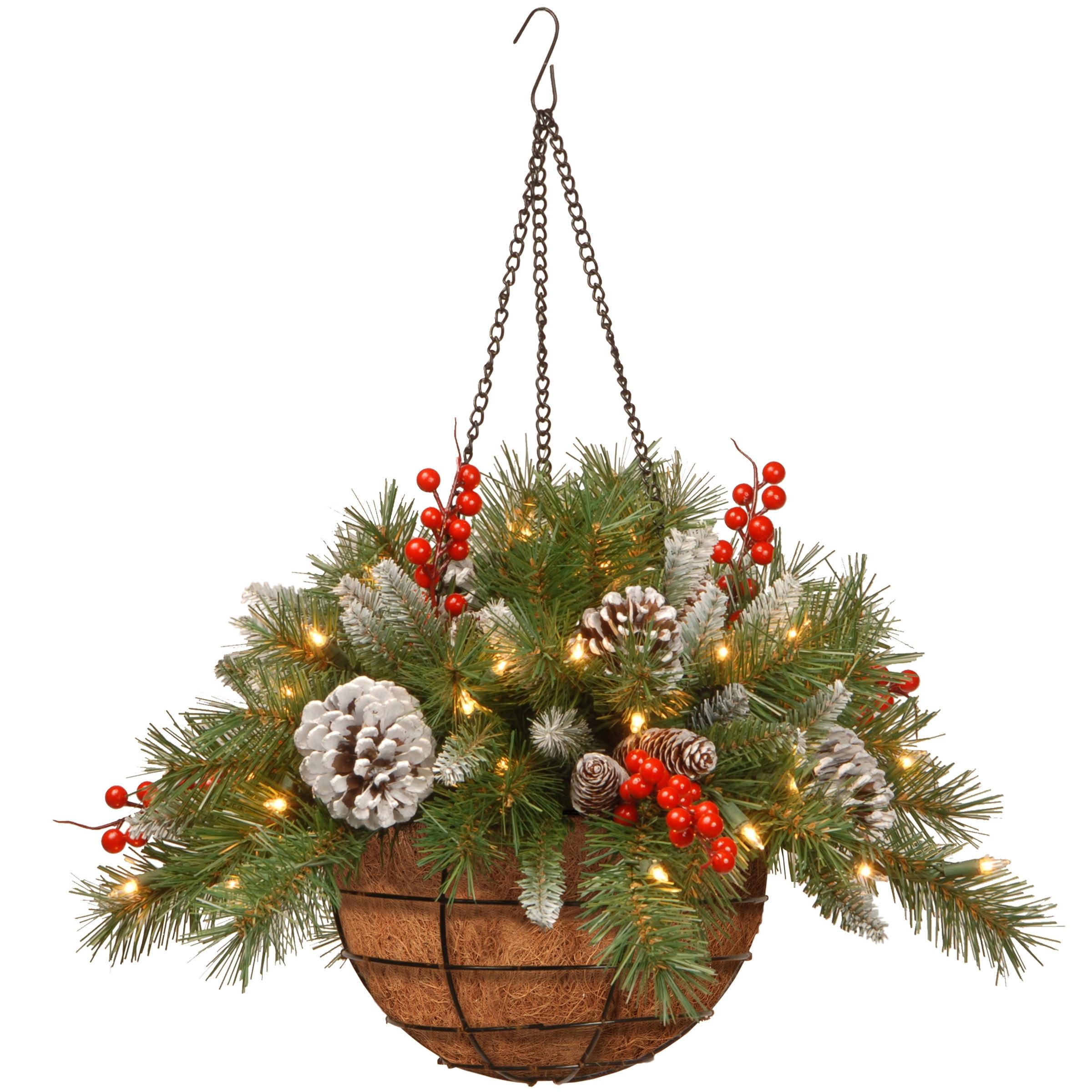 20" Prelit LED Frosted Berry Hanging Basket Warm White Lights - National Tree Company