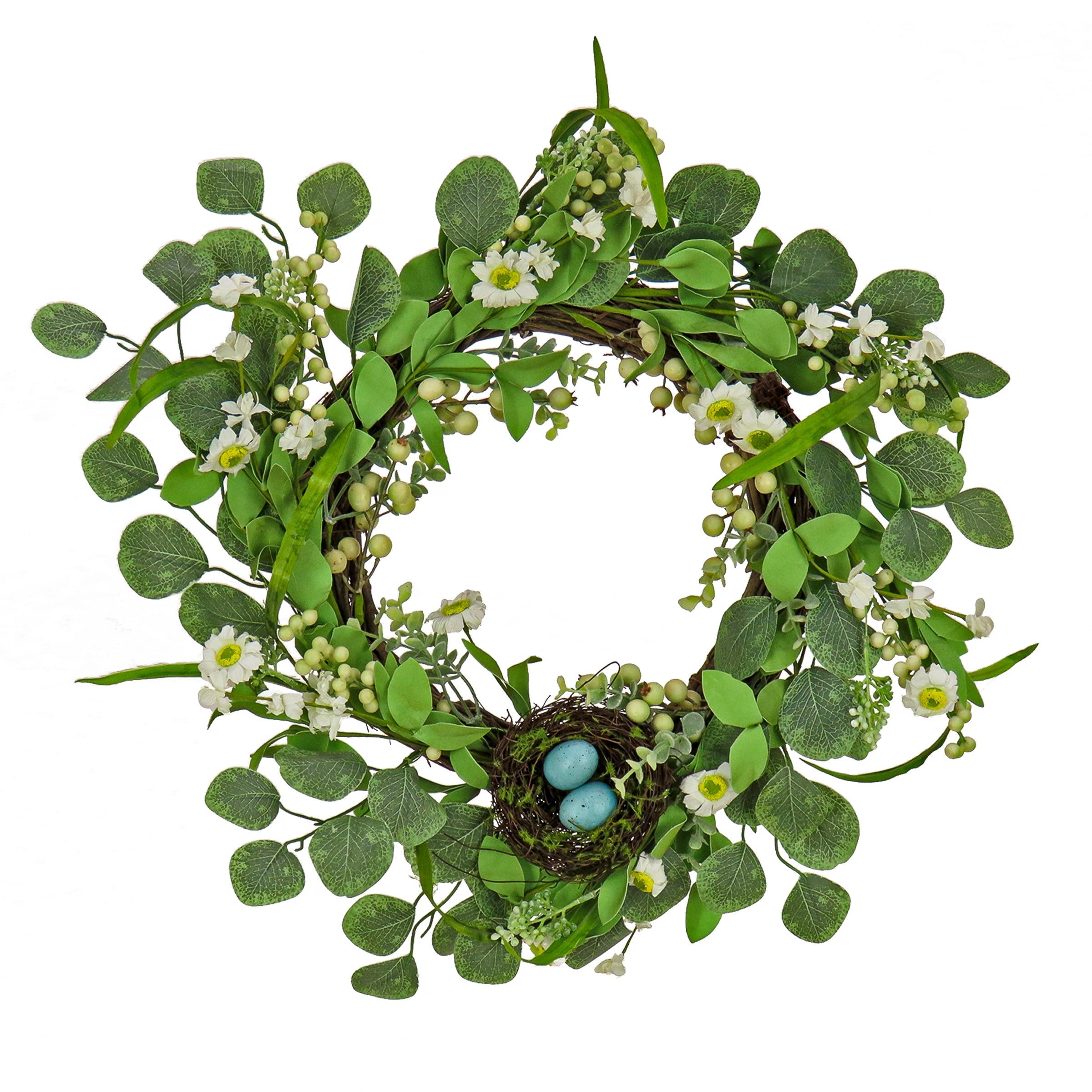 Pastel Daisy & Berry Spring 20'' Artificial Wreath with Bird's Nest