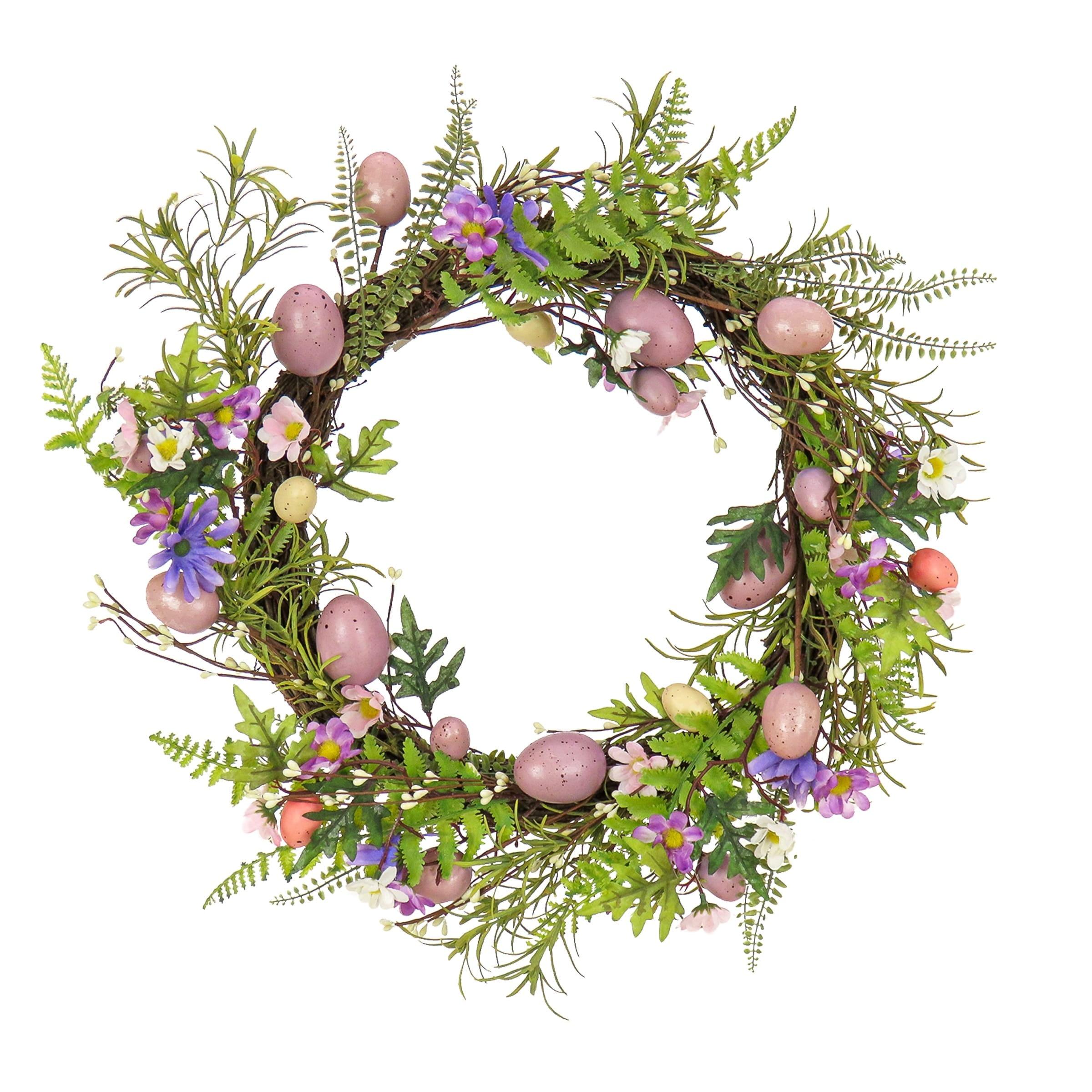 22" Artificial Floral Spring Wreath with Pink Eggs and Purple Flowers - National Tree Company