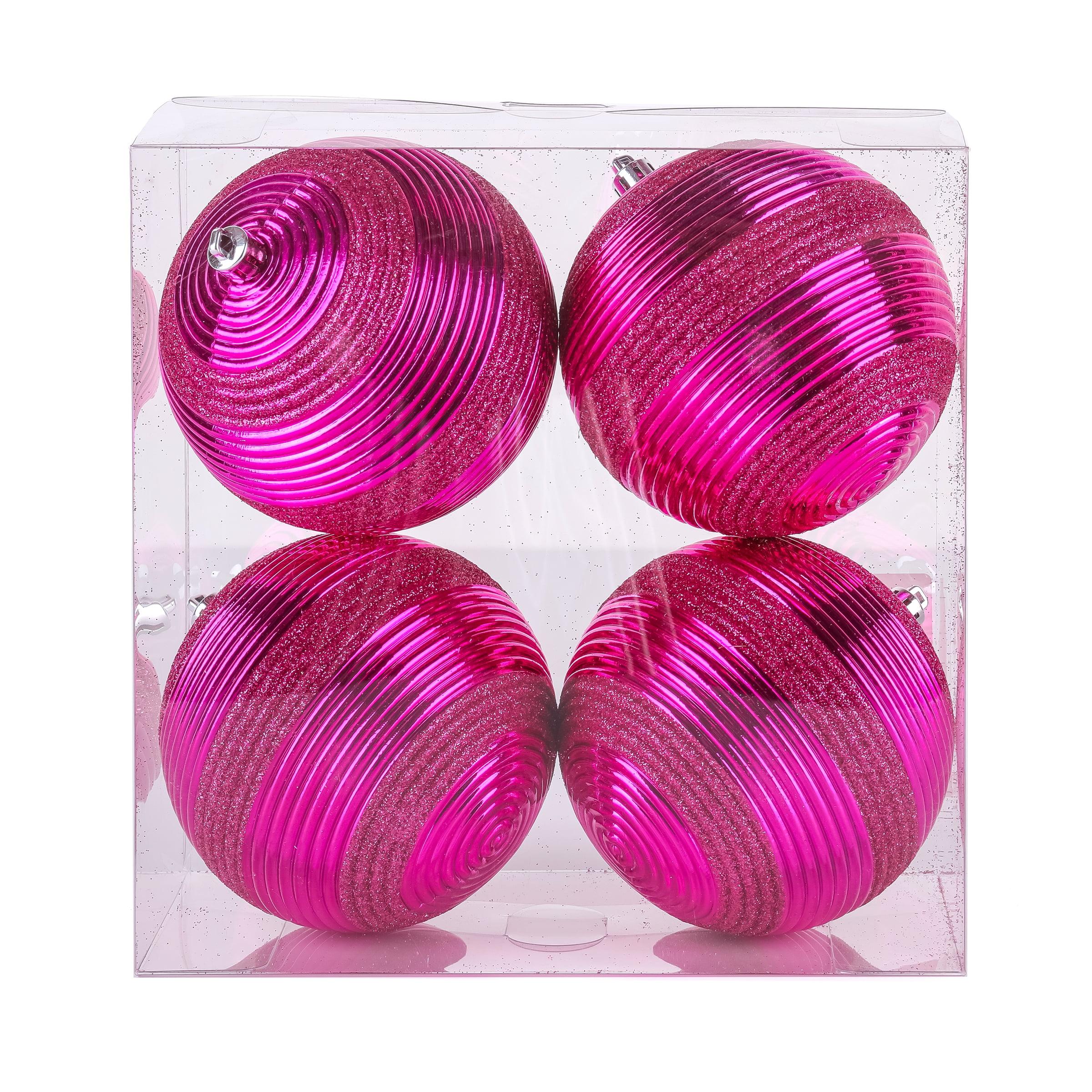 National Tree Company First Traditions Christmas Tree Ornaments, Hot Pink with Glitter Stripes, Set of 4