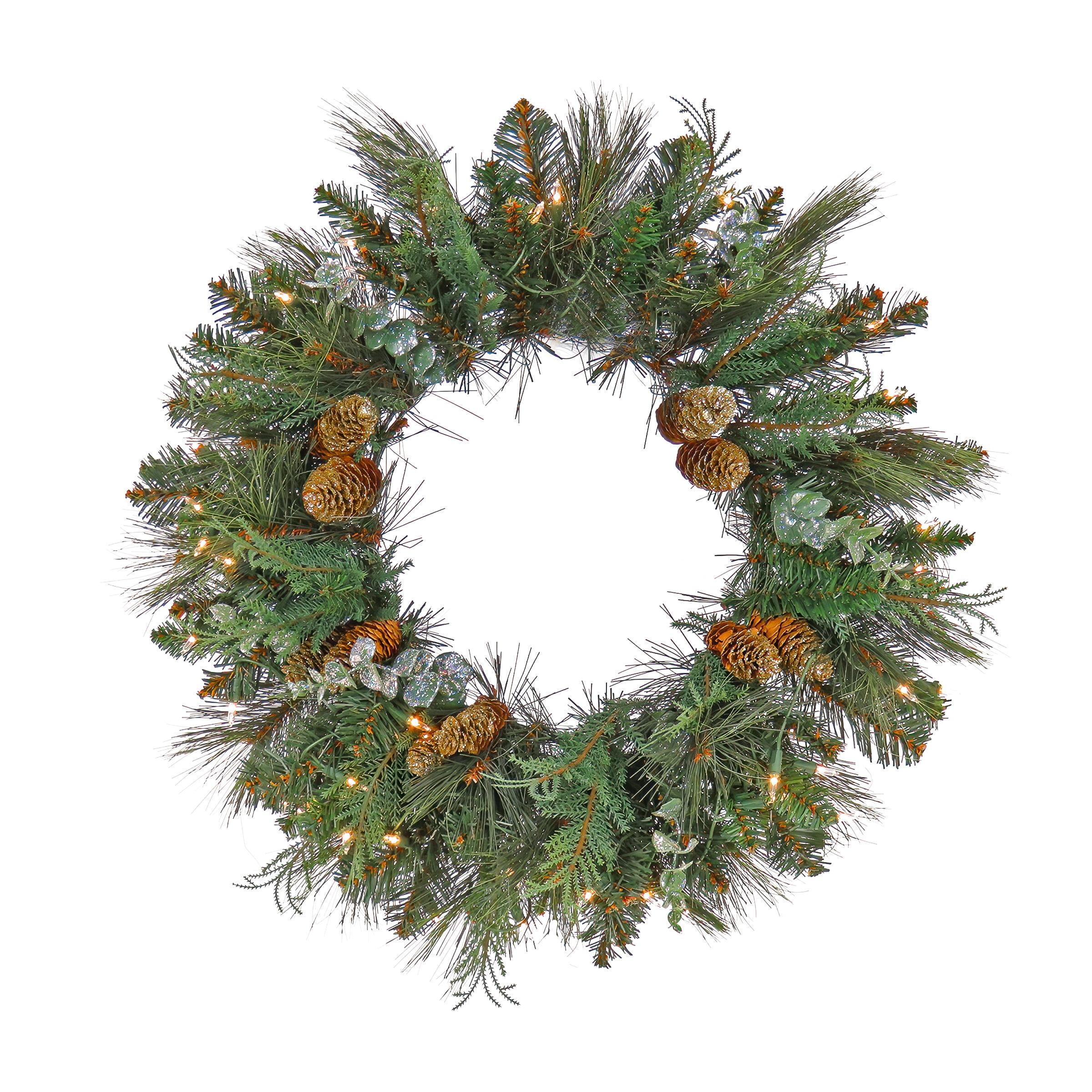 24" Prelit LED Flocked North Conway Artificial Christmas Wreath with Pinecones Warm White Lights - National Tree Company