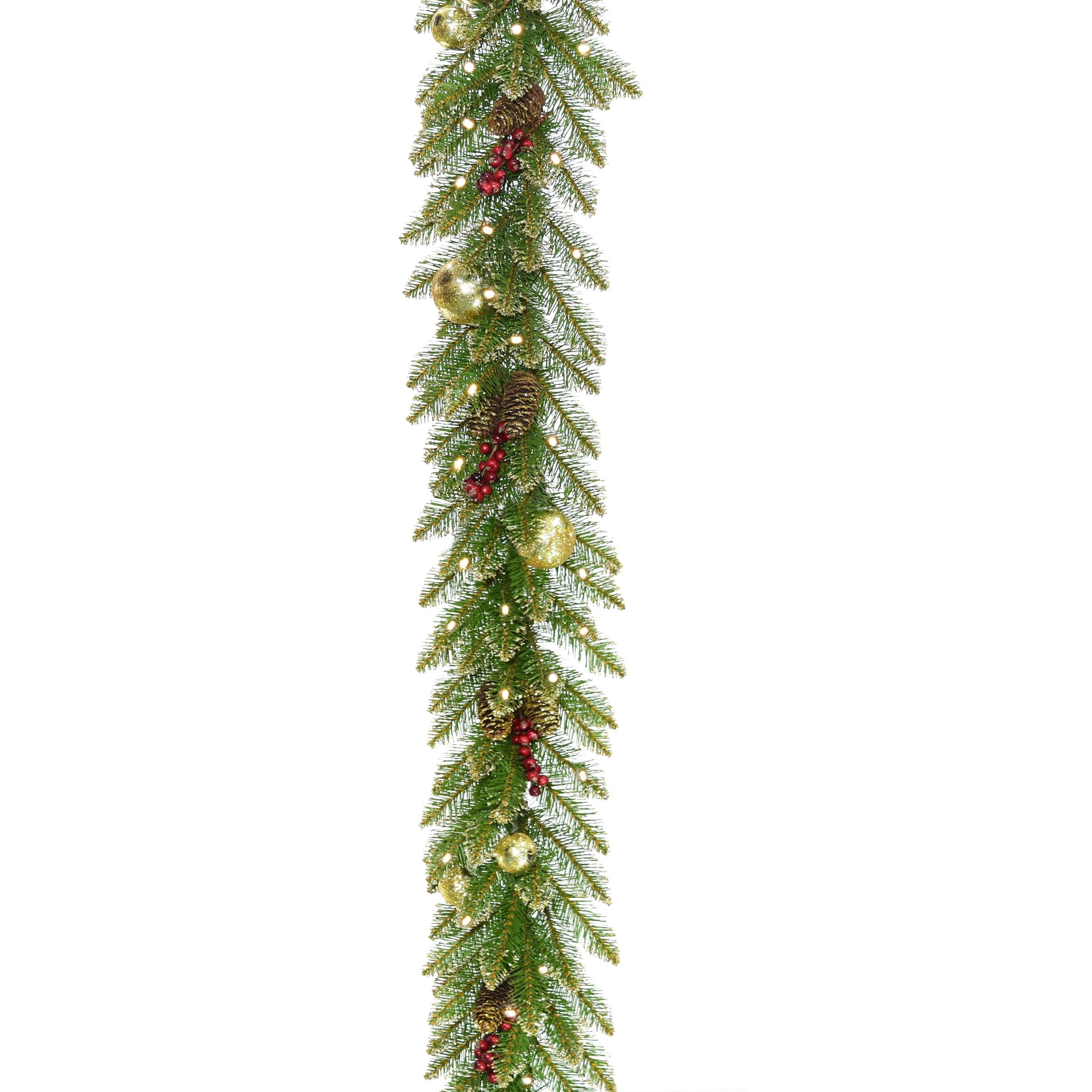 The Holiday Aisle® 9 ft. Glittery Gold Dunhill Fir Garland with Battery Operated LED Lights